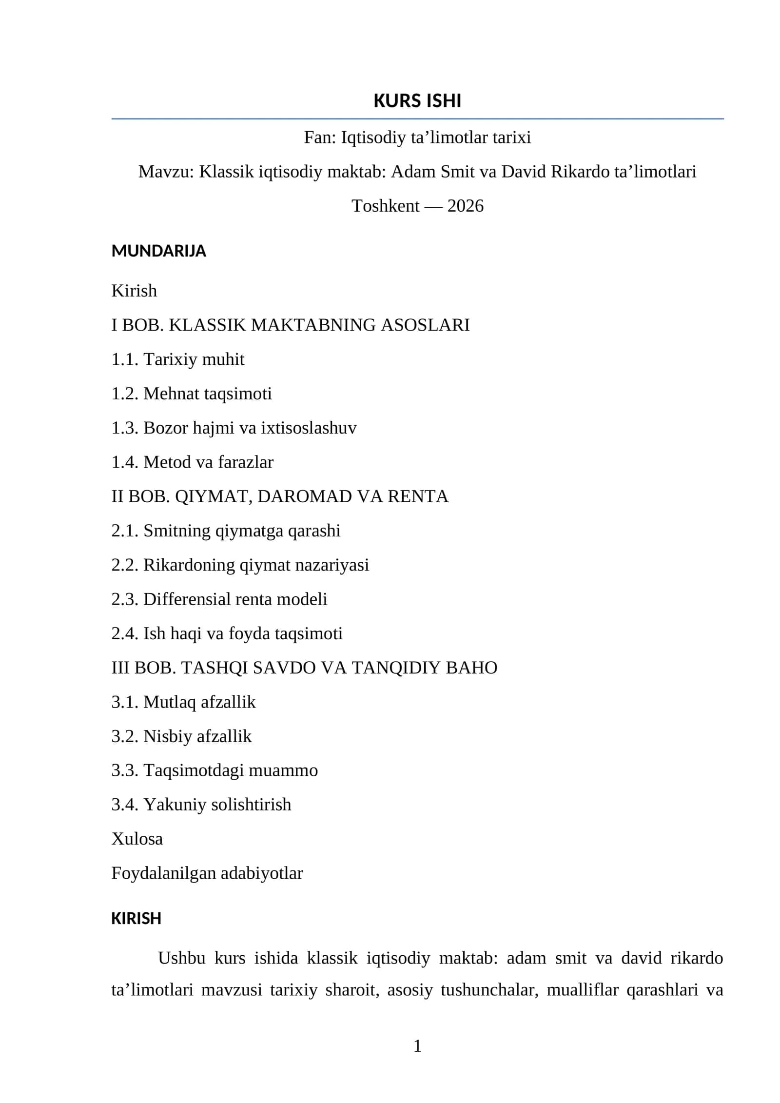 Klassik iqtisodiy maktab: Adam Smit va David Rikardo ta’limotlari 1