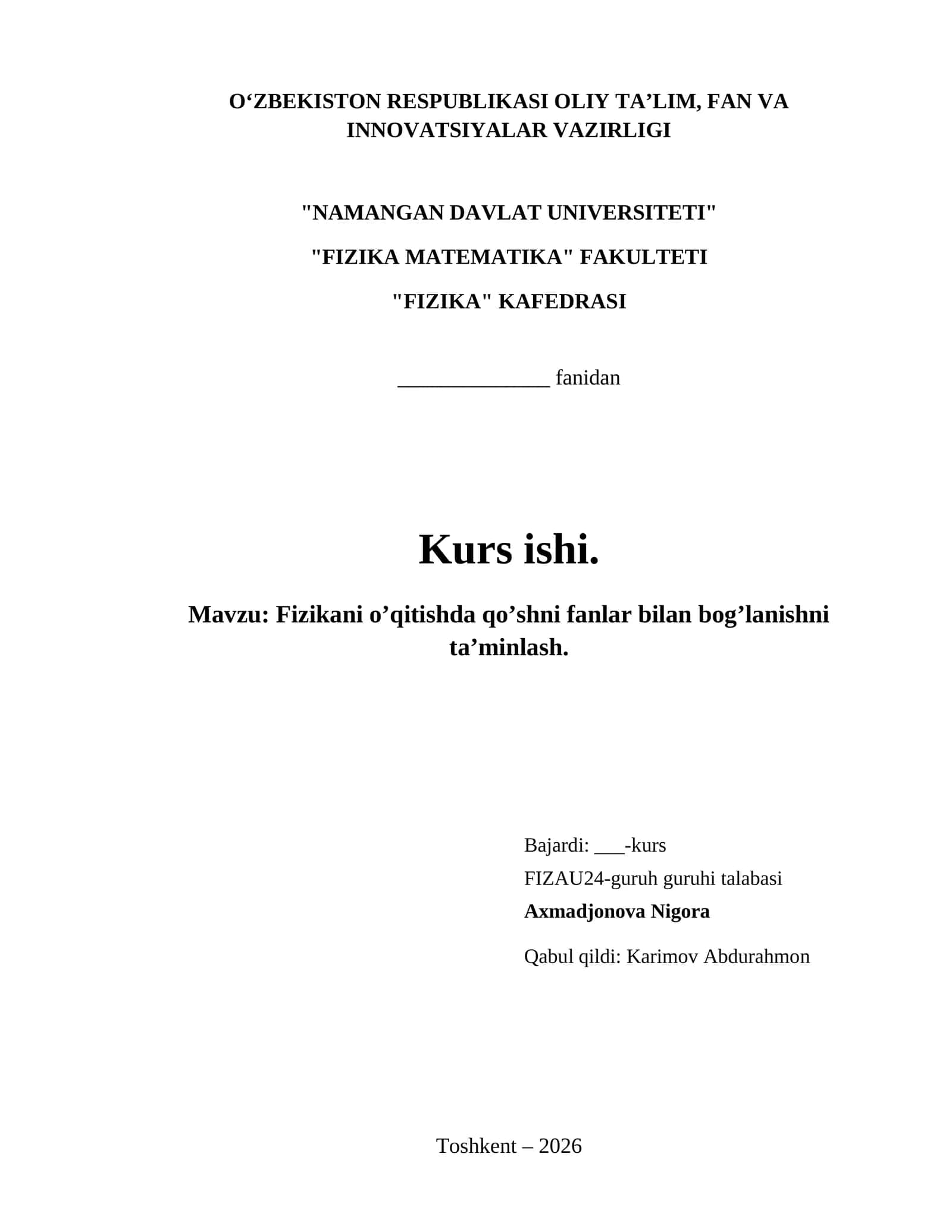 Fizikani o’qitishda qo’shni fanlar bilan bog’lanishni ta’minlash. 1