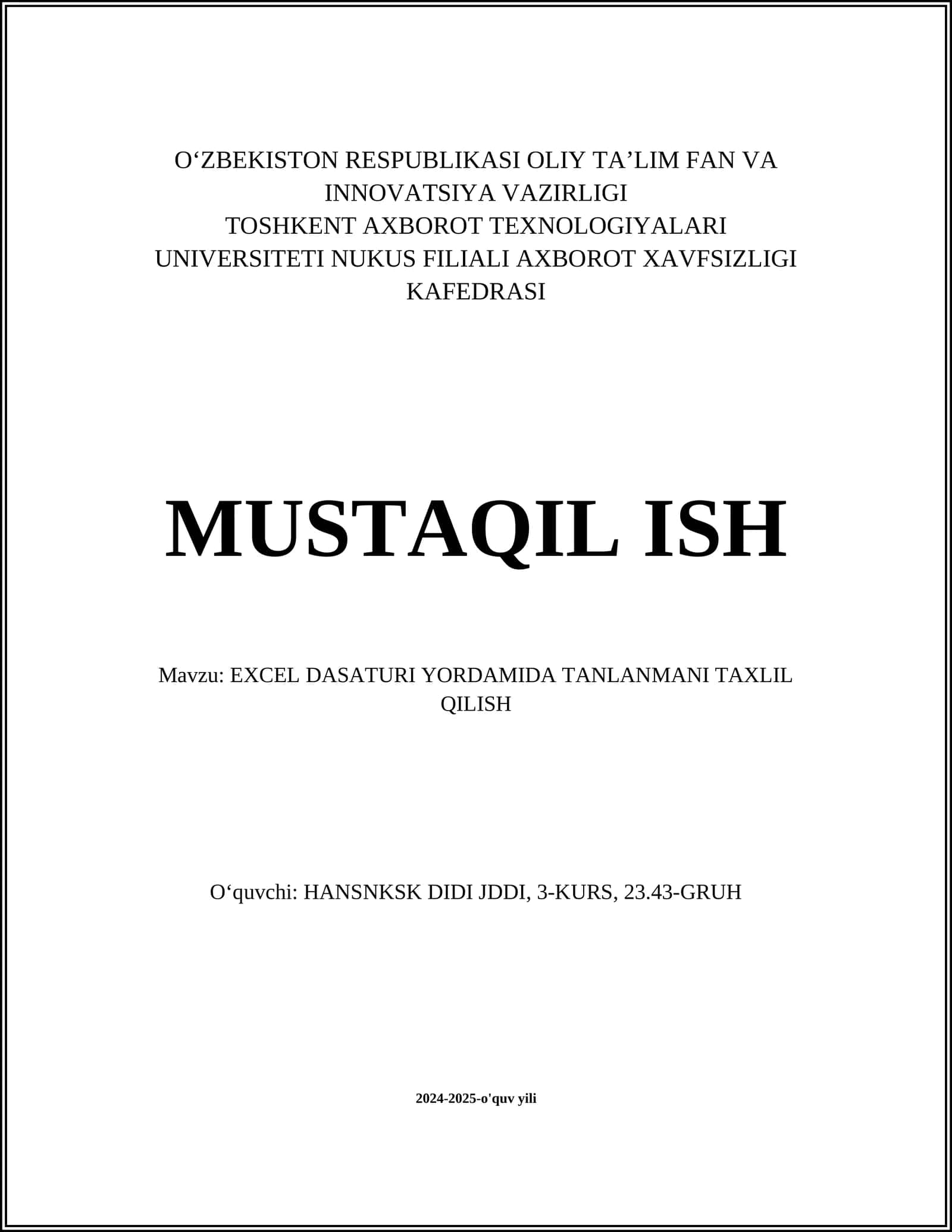 EXCEL DASATURI YORDAMIDA TANLANMANI TAXLIL QILISH 1
