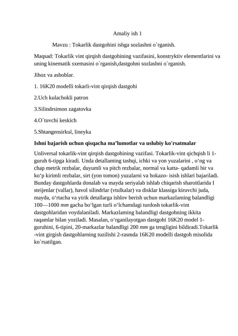 Tokarlik dastgohini ishga sozlashni o`rganish 1