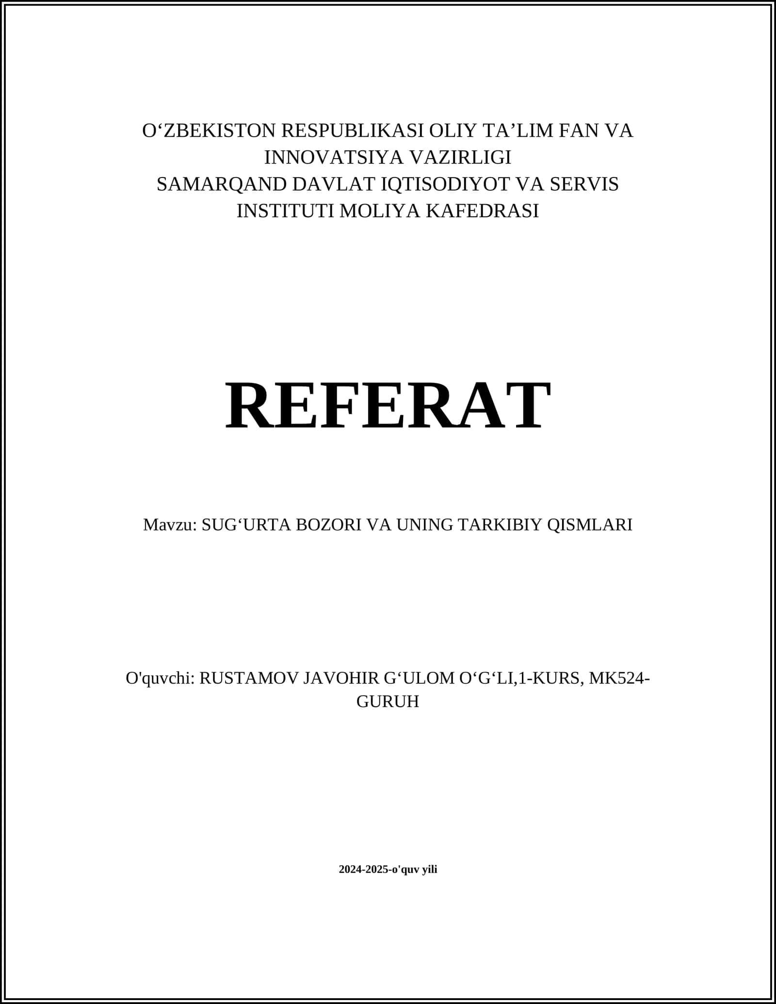 SUGʻURTA BOZORI VA UNING TARKIBIY QISMLARI 1