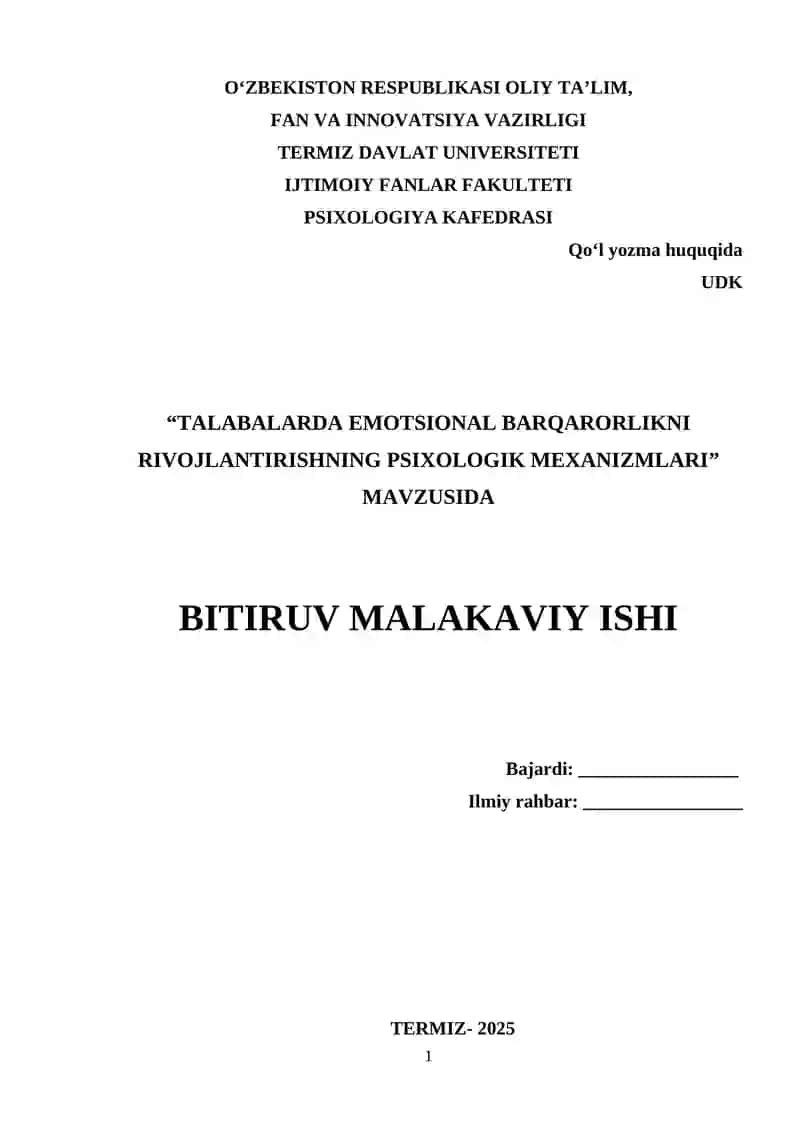 TALABALARDA EMOTSIONAL BARQARORLIKNI RIVOJLANTIRISHNING PSIXOLOGIK MEXANIZMLARI