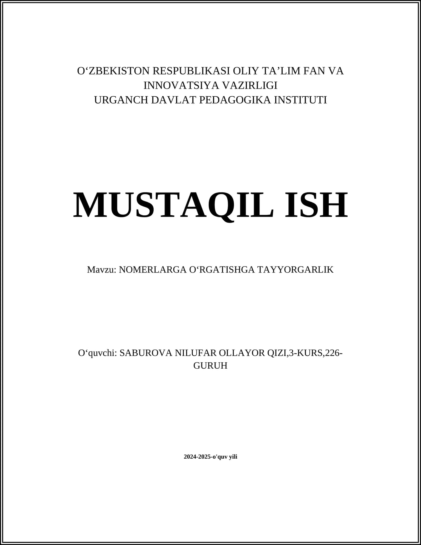 NOMERLARGA OʻRGATISHGA TAYYORGARLIK 1