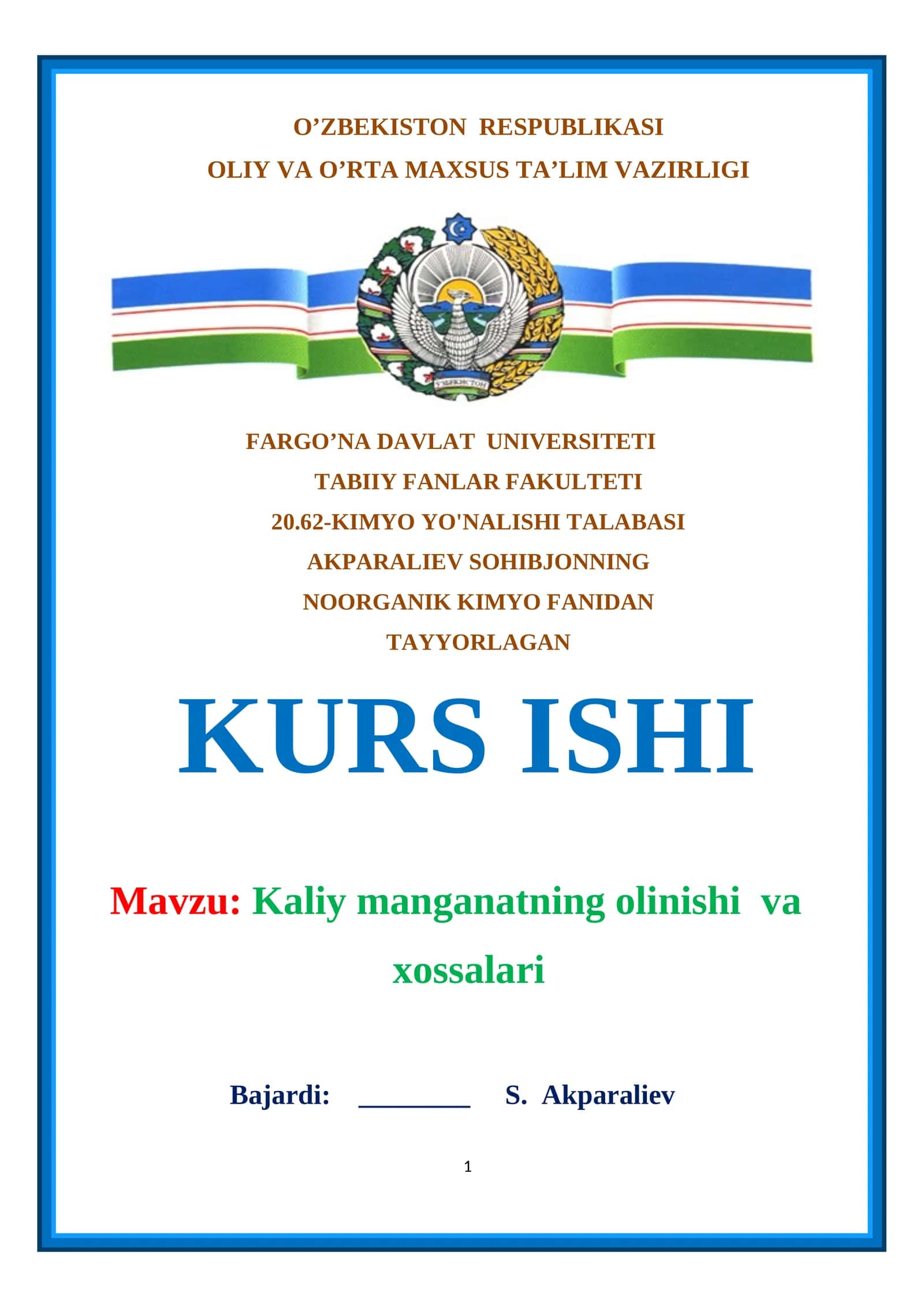 Kaliy manganatning olinishi va xossalari 1
