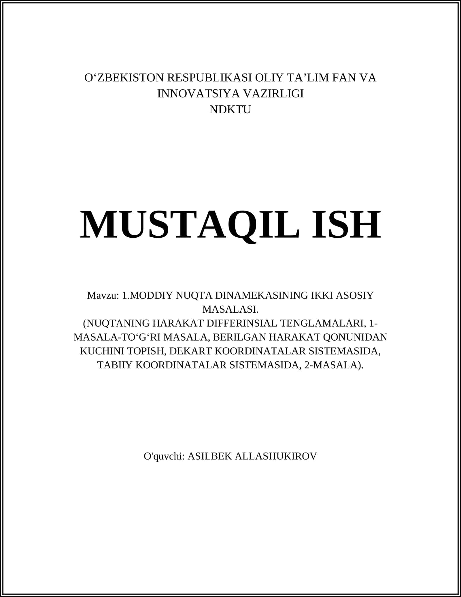 MODDIY NUQTA DINAMEKASINING IKKI ASOSIY MASALASI 1