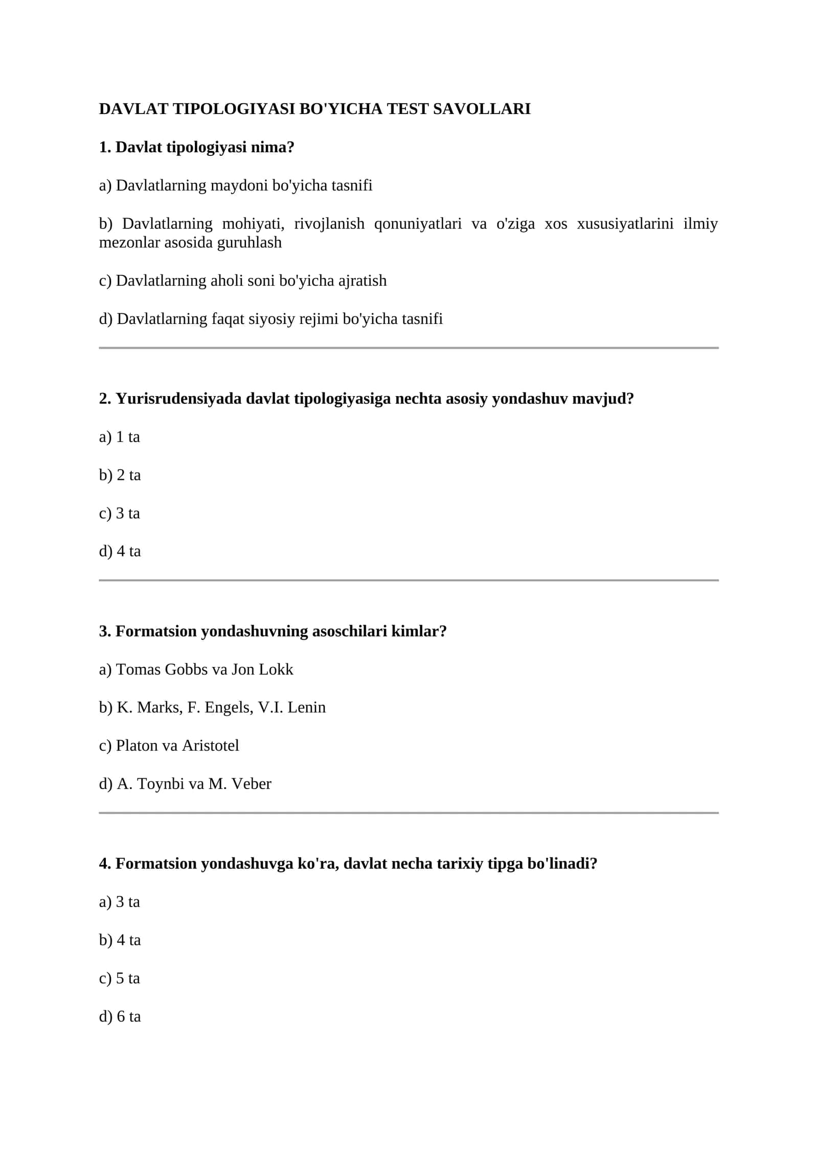 Davlat Tipologiyasi Bo'yicha Test Savollari 1