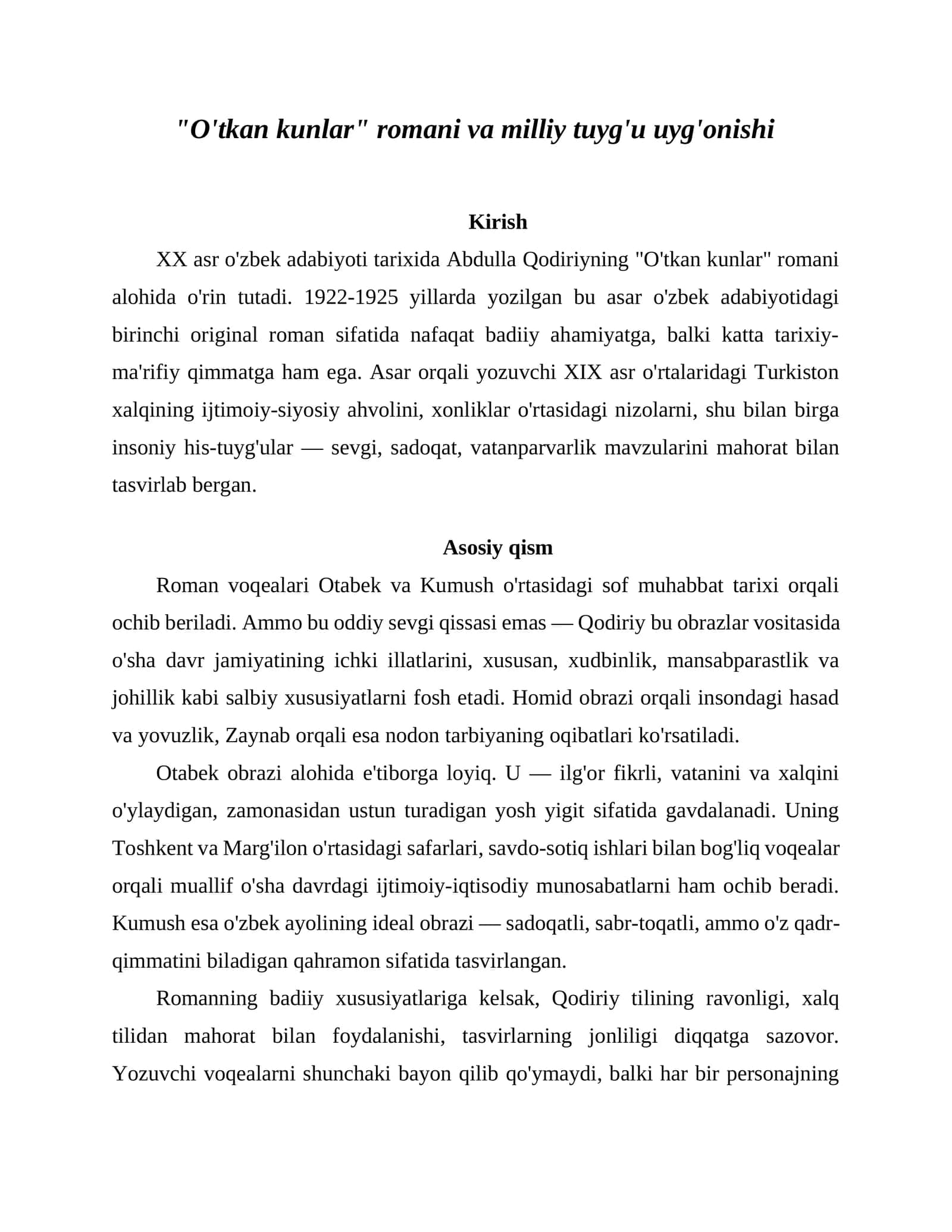 "O'tkan kunlar" romani 1