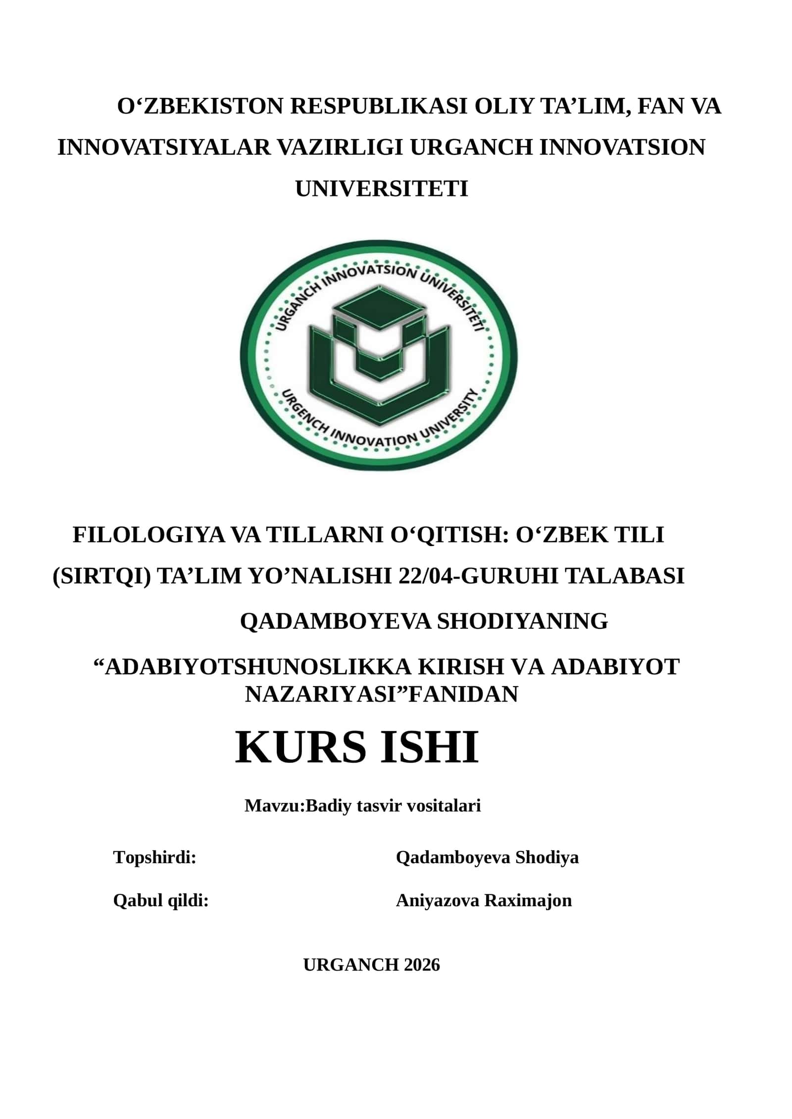 O‘zbek tili (sirtqi) ta'lim yo'nalishi 22/04-guruxi talabasi 1