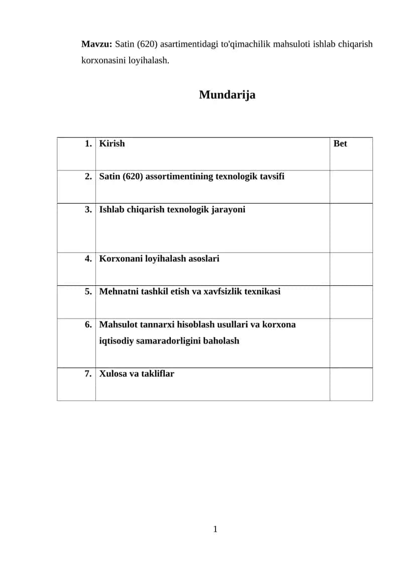 Satin (620) asartimentidagi to'qimachilik mahsuloti ishlab chiqarish korxonasini loyihalash 1