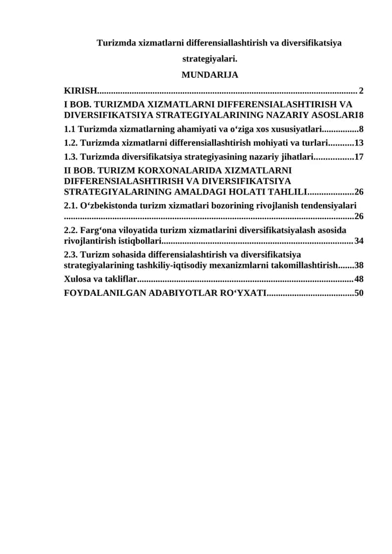 Turizmda xizmatlarni differensiallashtirish va diversifikatsiya strategiyalari. 1