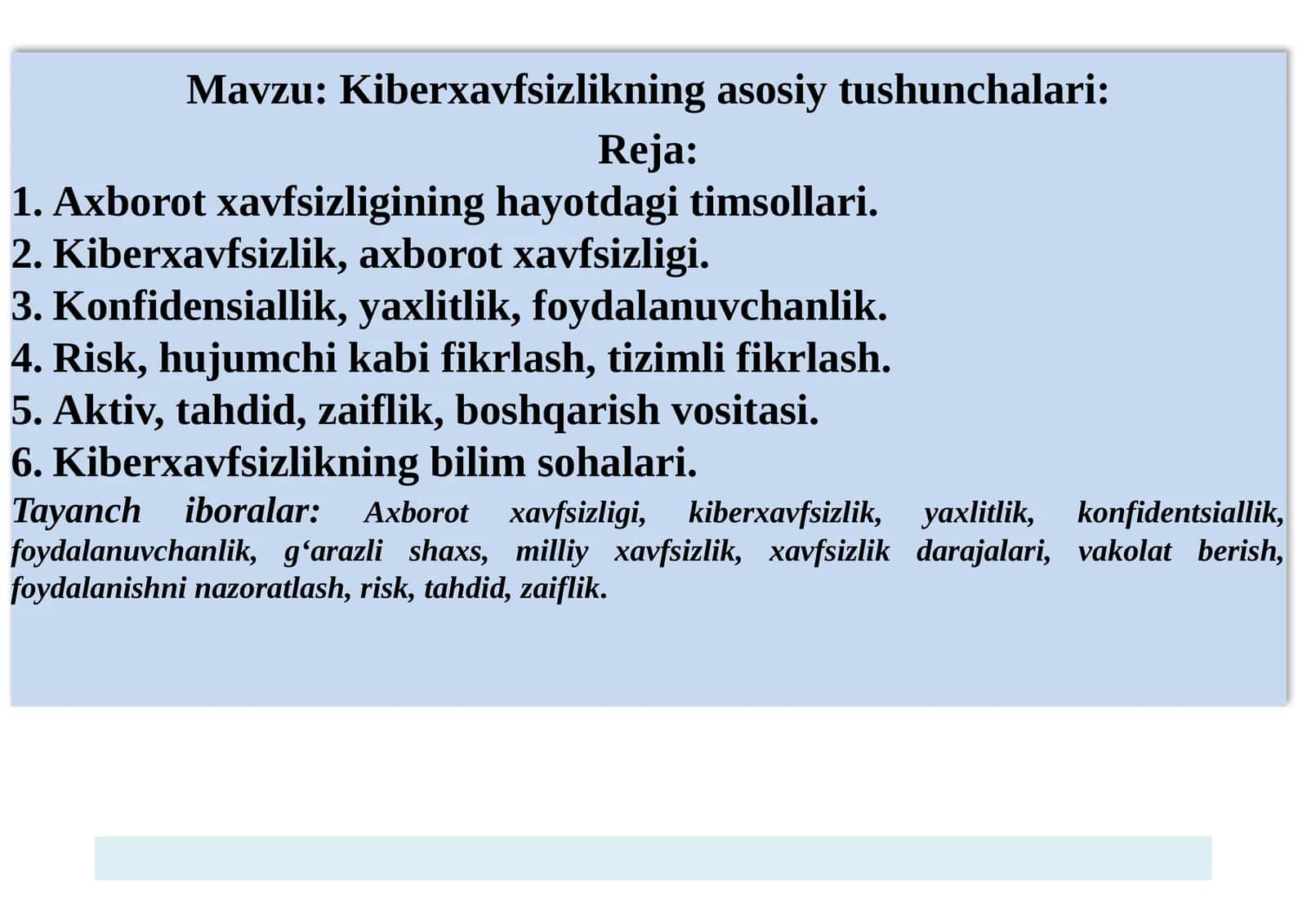 Kiberxavfsizlikning asosiy tushunchalari 1
