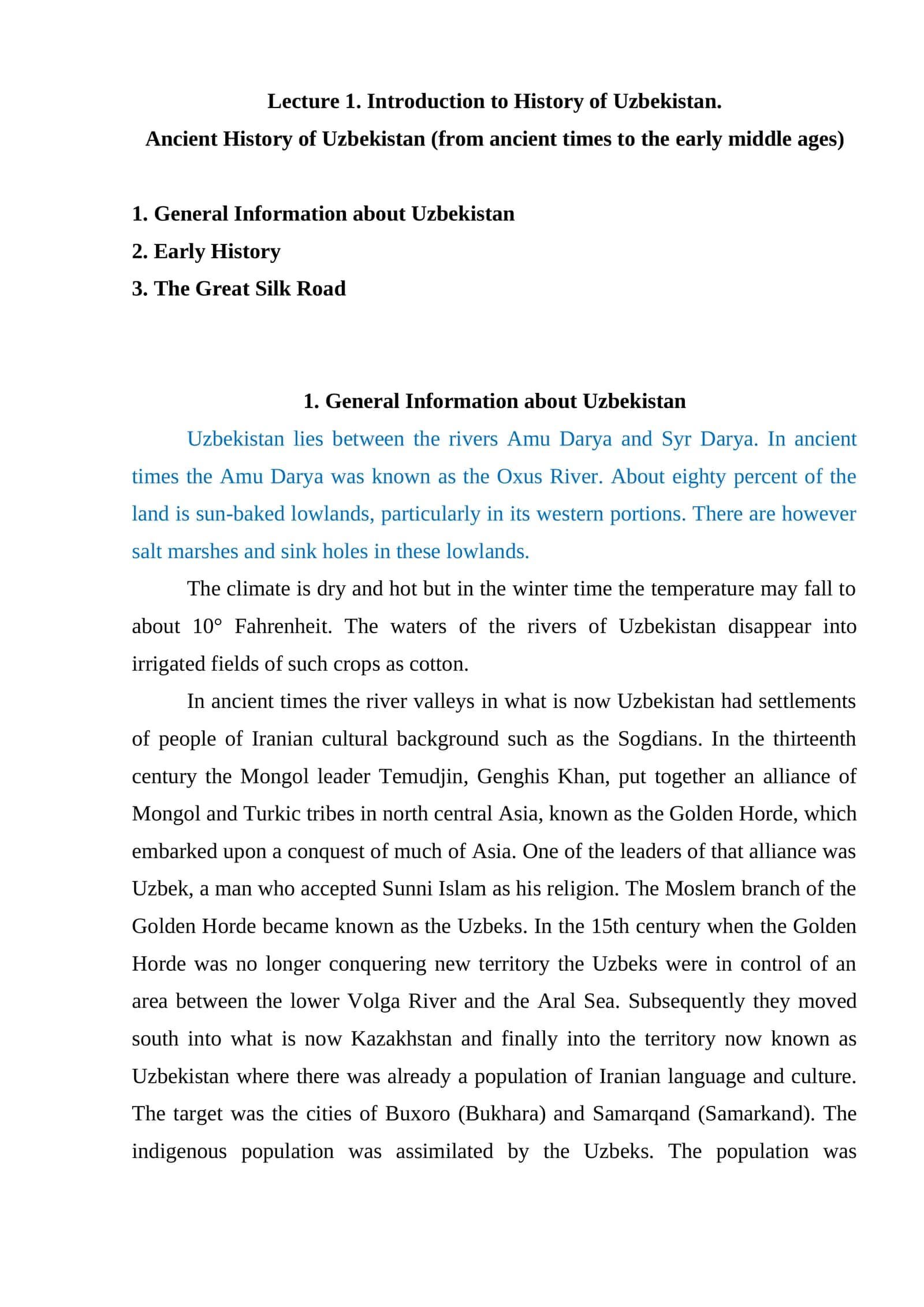 Lecture 1. Introduction to History of Uzbekistan 1