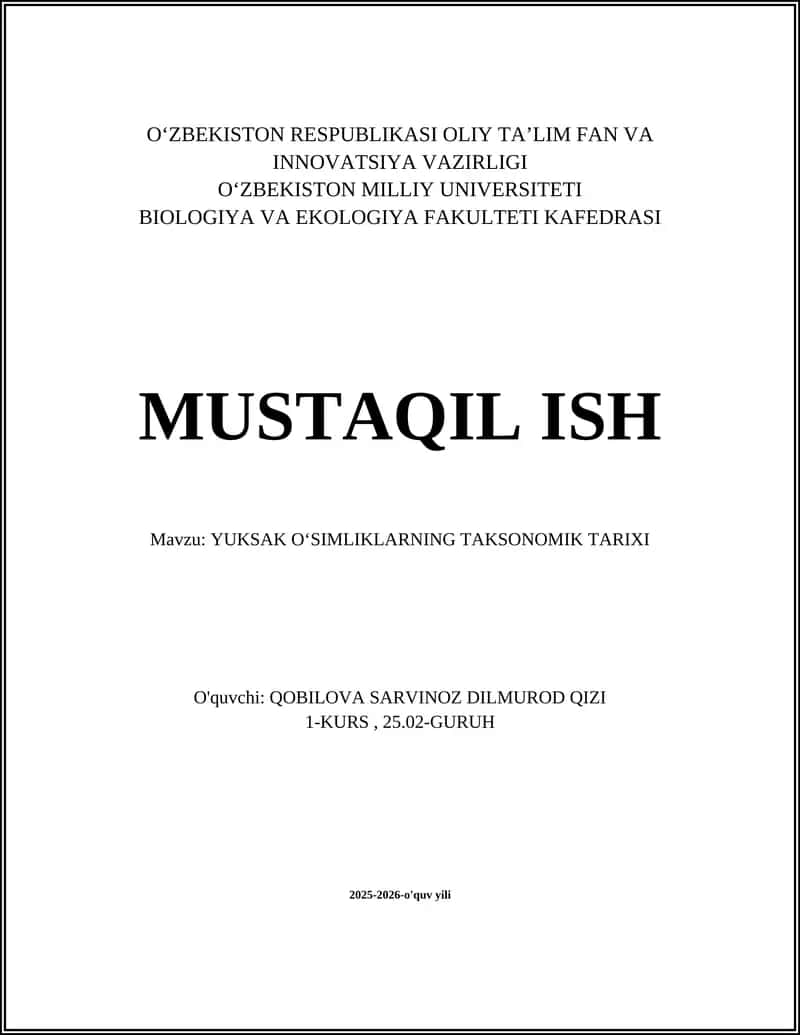 YUKSAK OʻSIMLIKLARNING TAKSONOMIK TARIXI 1
