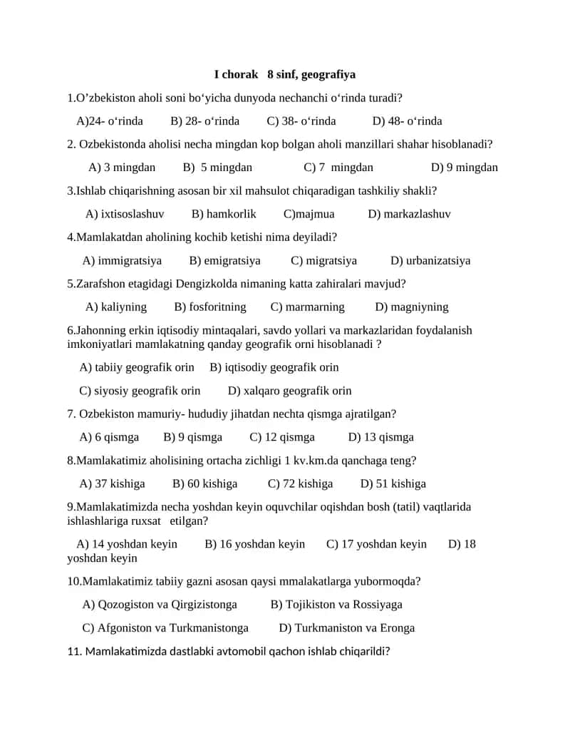 I chorak 8 sinf, geografiya 1