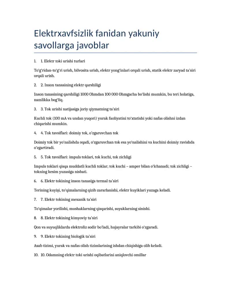 Elektrxavfsizlik fanidan yakuniy savollarga javoblar 1
