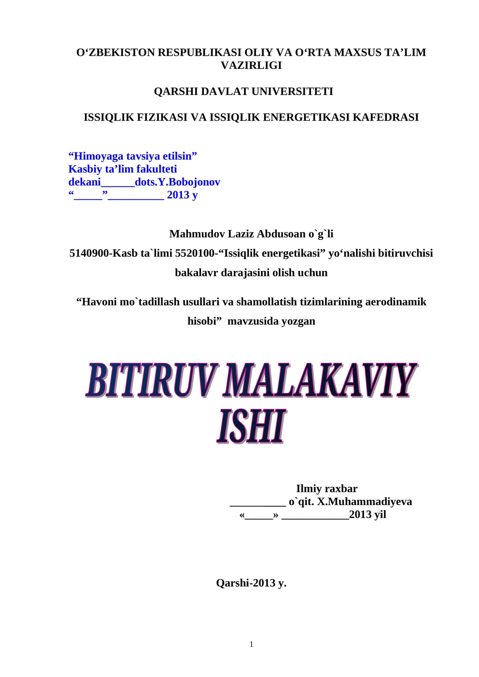 Havoni mo`tadillash usullari va shamollatish tizimlarining aerodinamik hisobi 1