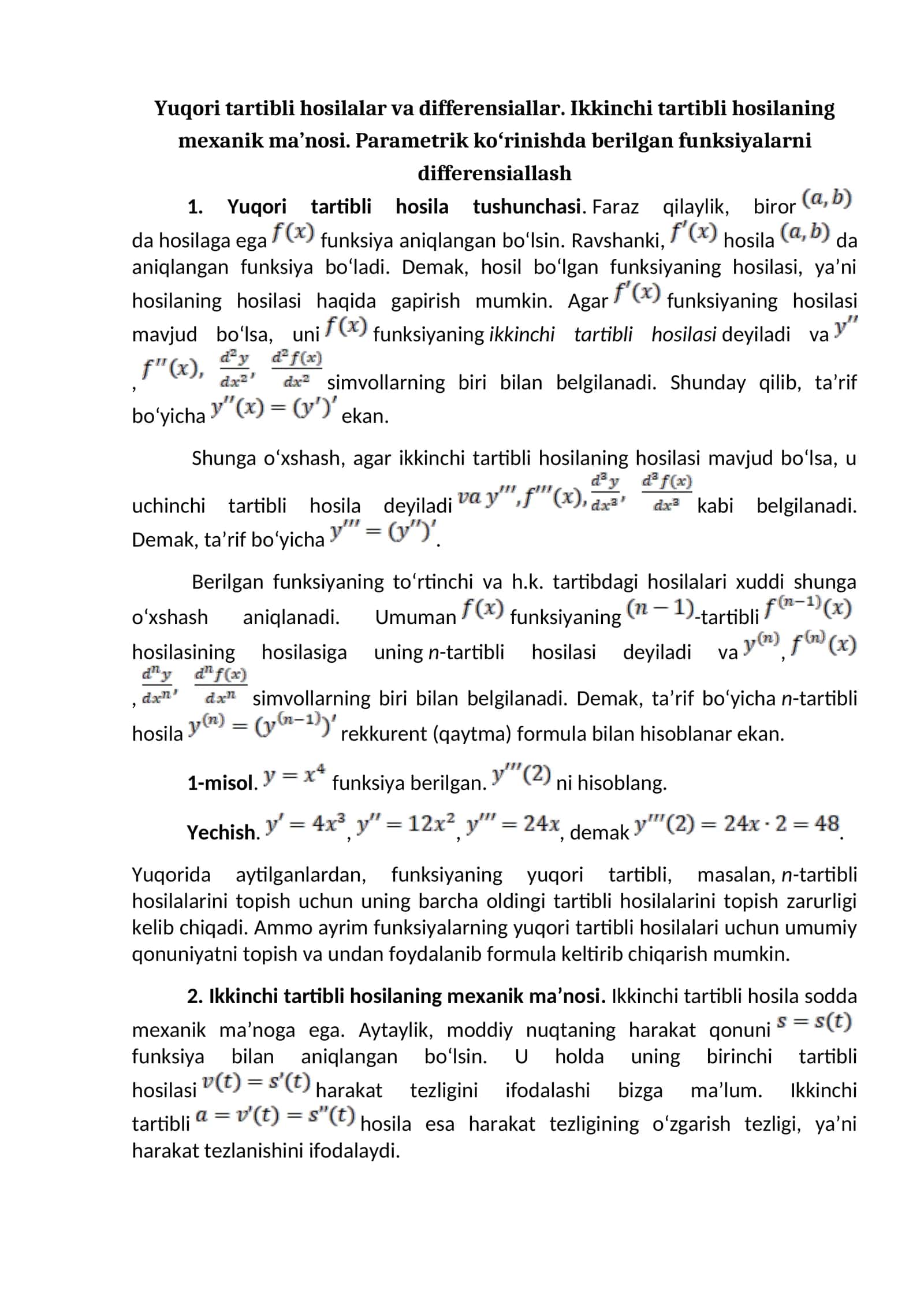 Yuqori tartibli hosilalar va differensiallar 1