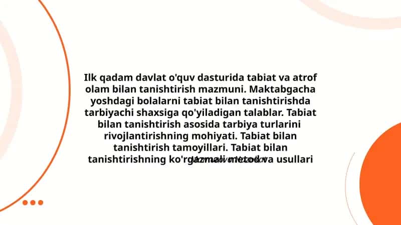 Ilk qadam davlat o'quv dasturida tabiat va atrof olam bilan tanishtirish mazmuni 1
