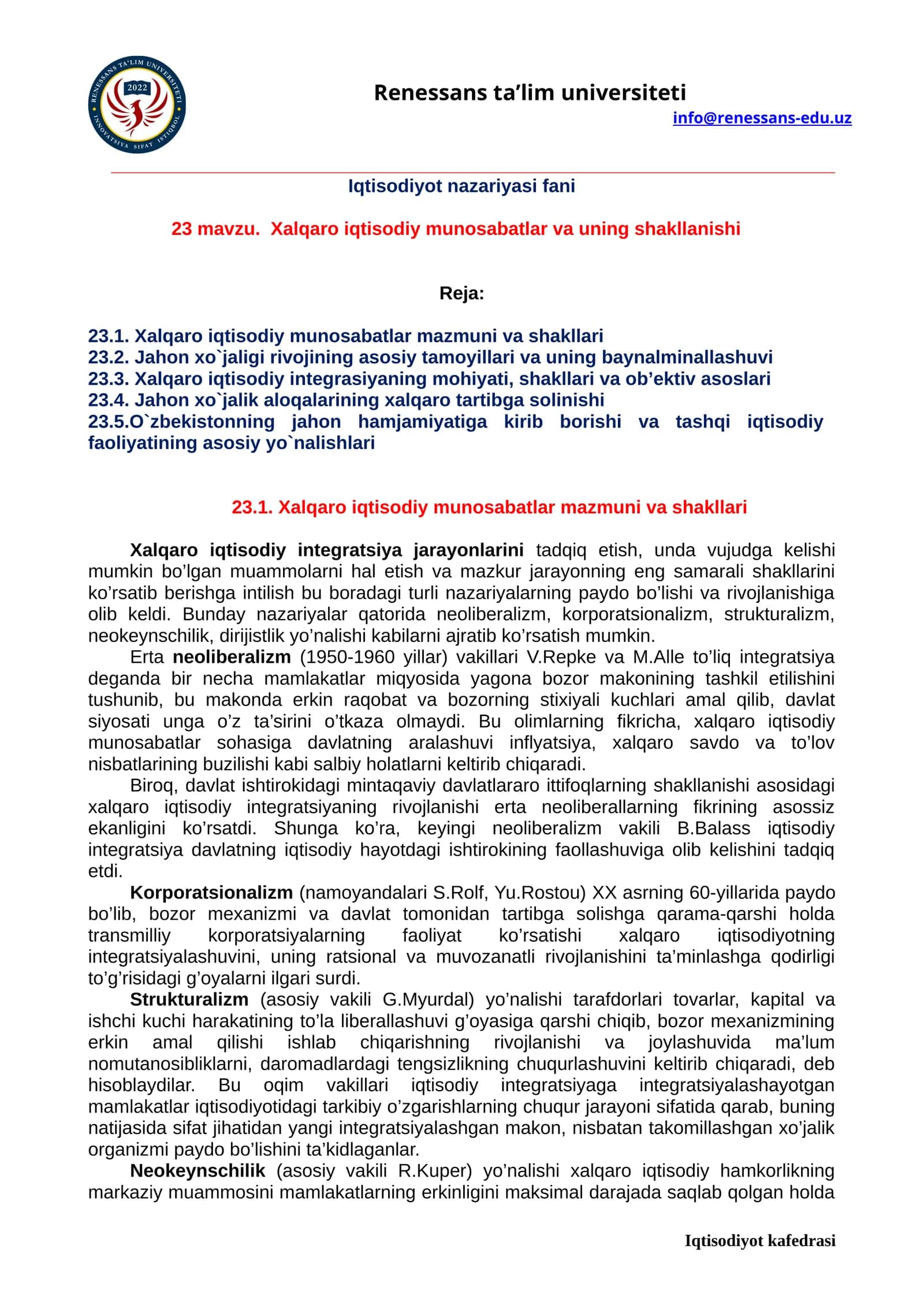23 mavzu. Xalqaro iqtisodiy munosabatlar va uning shakllanishi 1