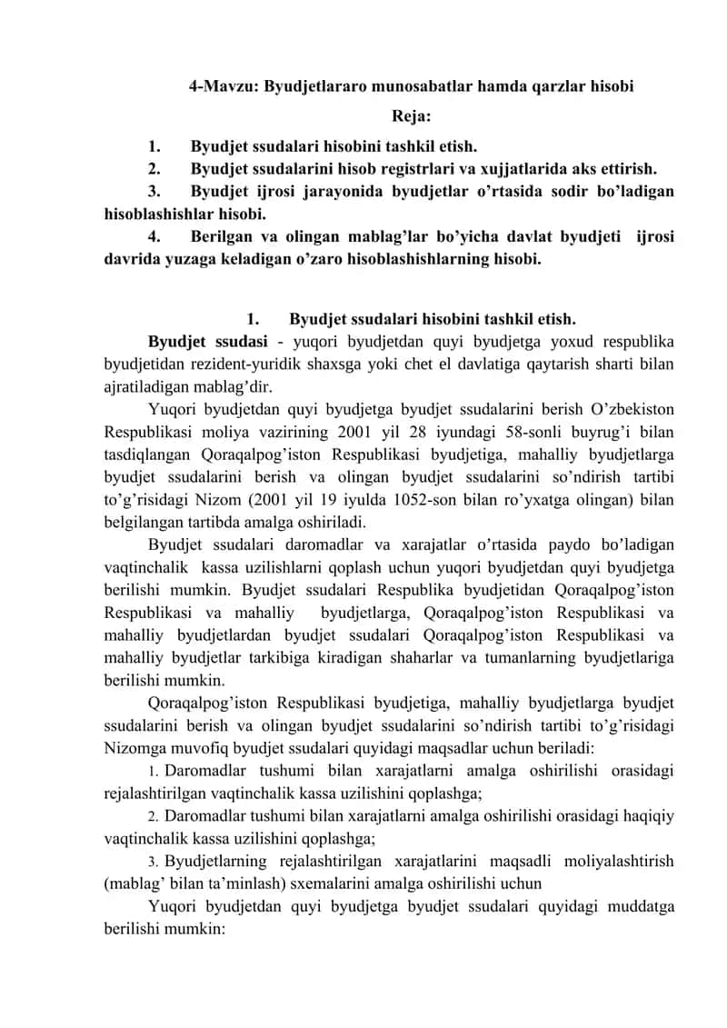 Byudjetlararo munosabatlar hamda qarzlar hisobi 1