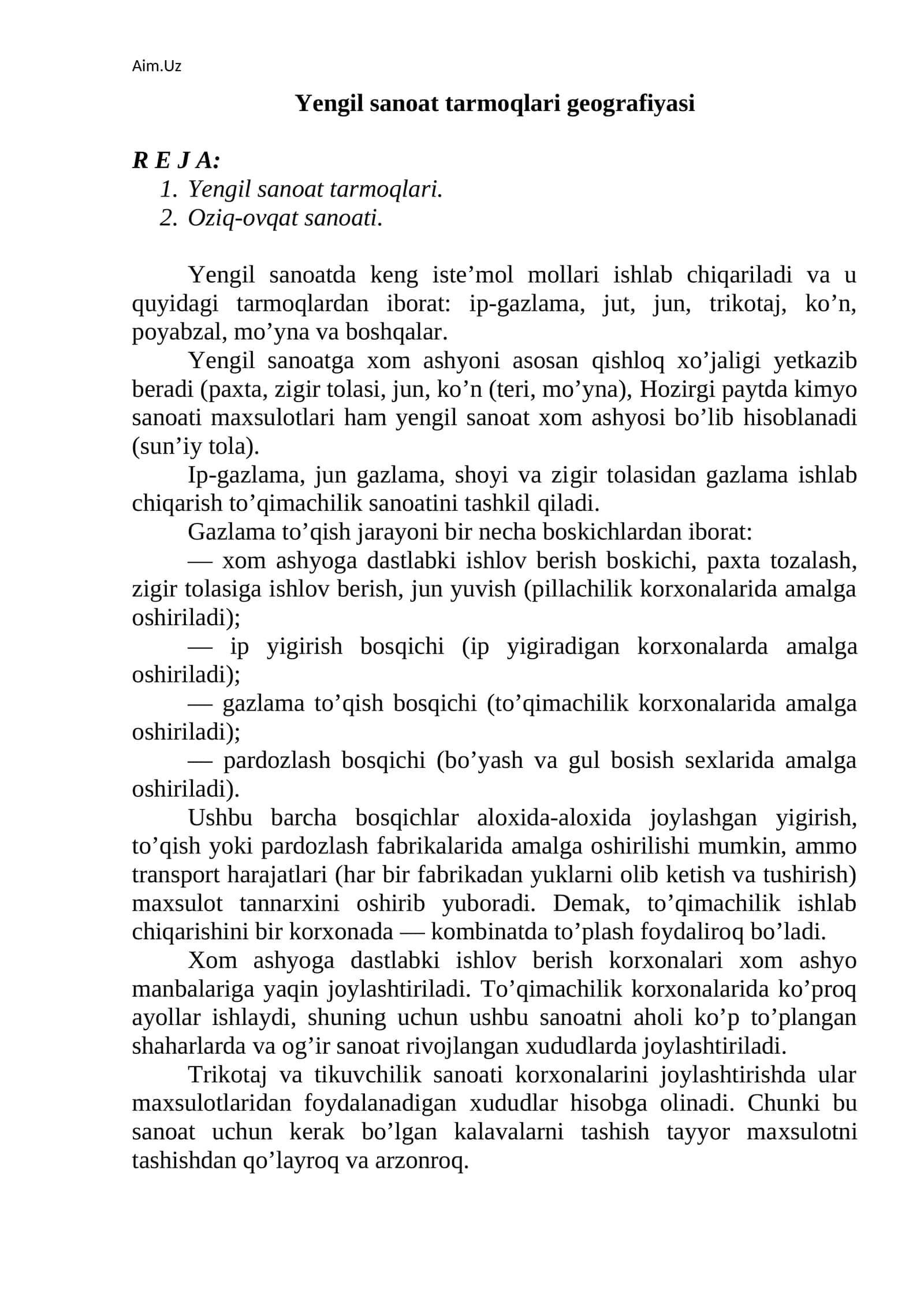 Yengil sanoat tarmoqlari geografiyasi 1