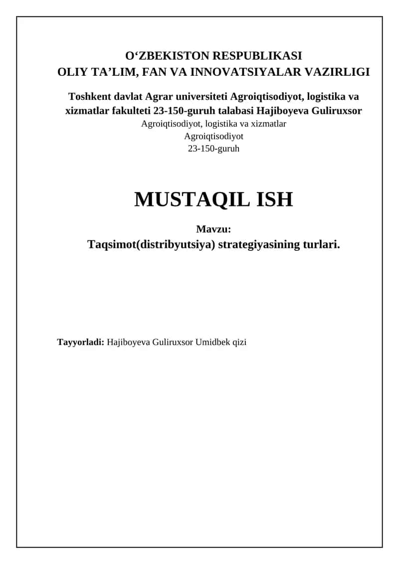 Taqsimot(distribyutsiya) strategiyasining turlari 1