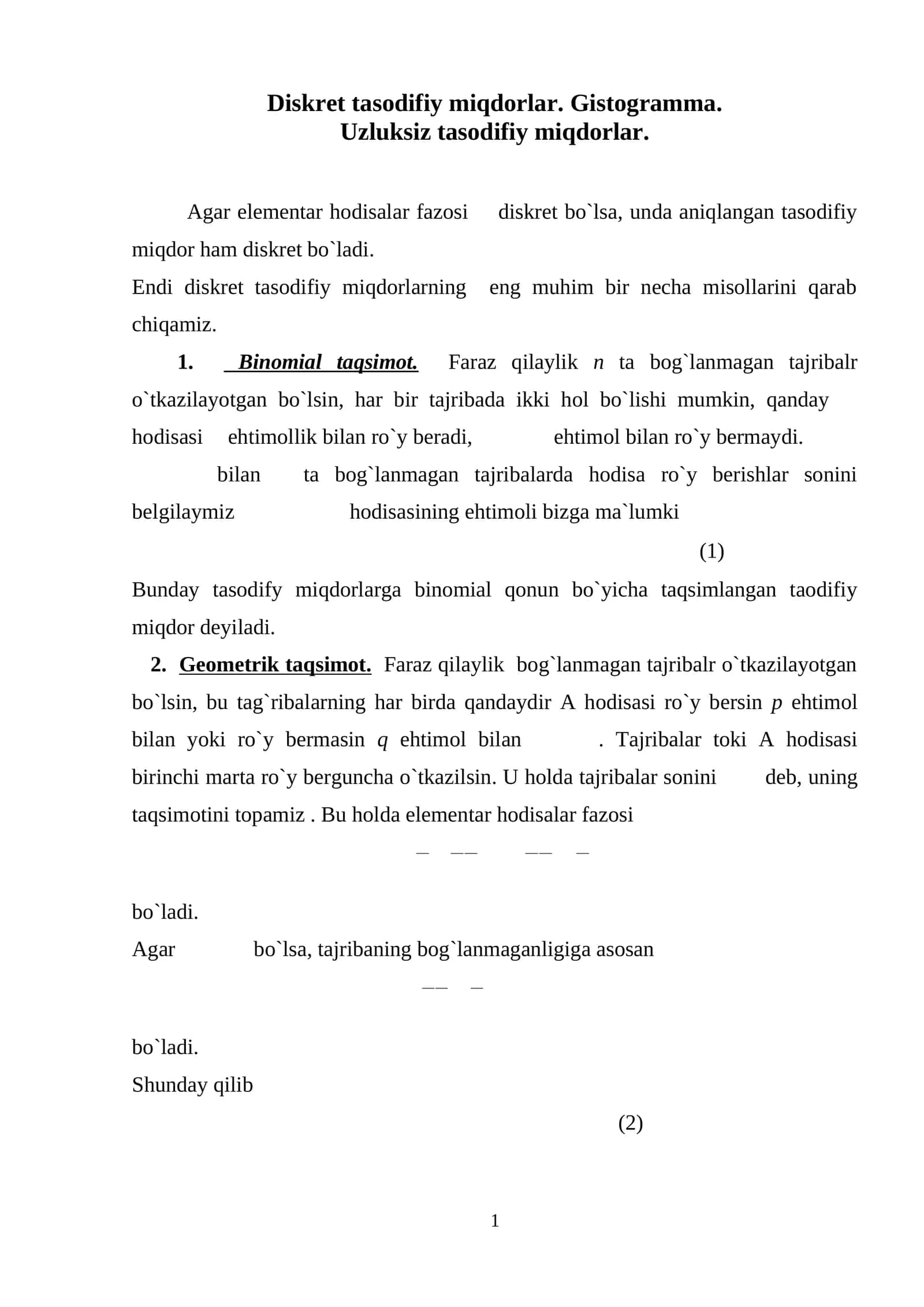 Diskret tasodifiy miqdorlar 1