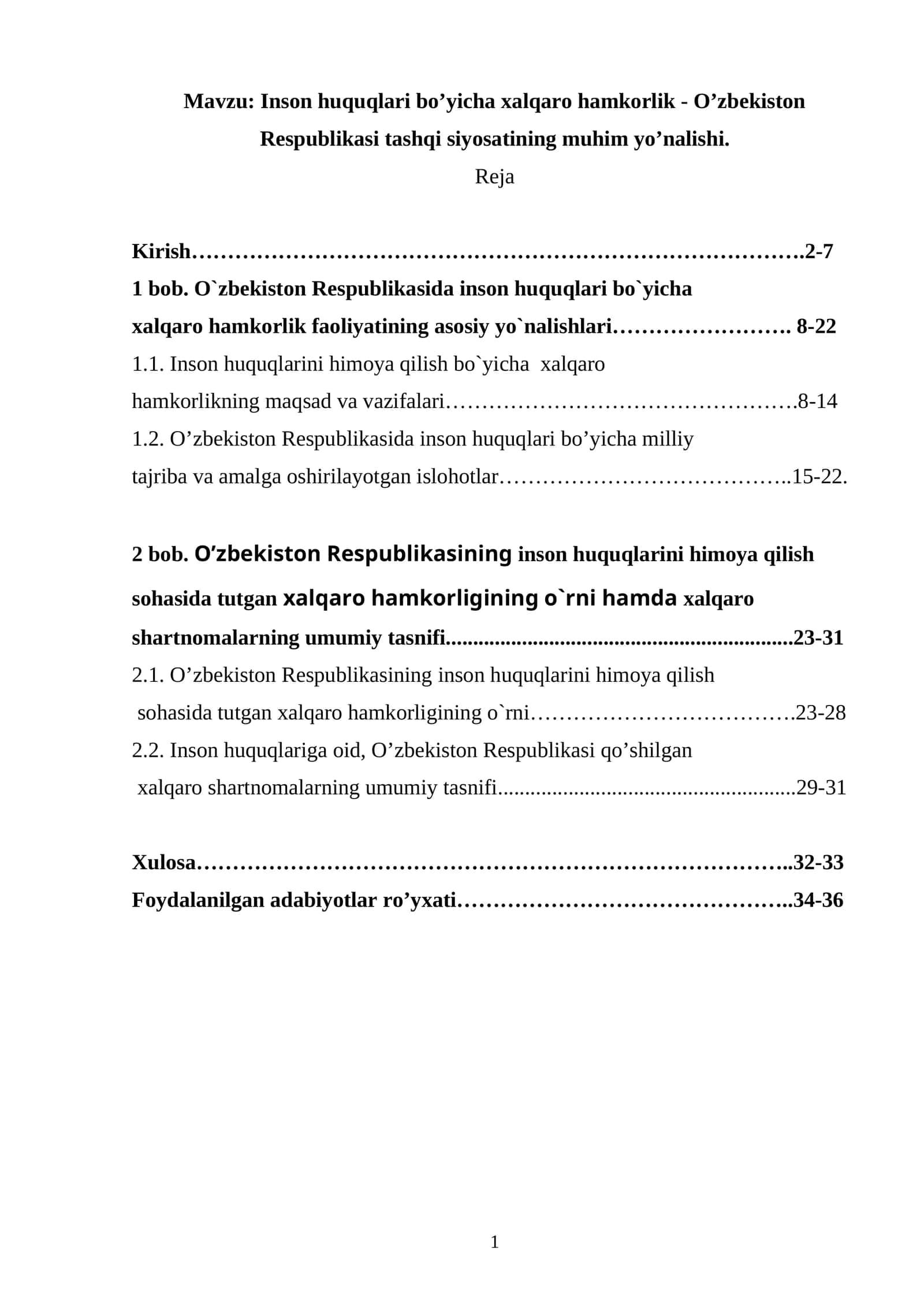 Inson huquqlari bo’yicha xalqaro hamkorlik - O’zbekiston Respublikasi tashqi siyosatining muhim yo’nalishi 1