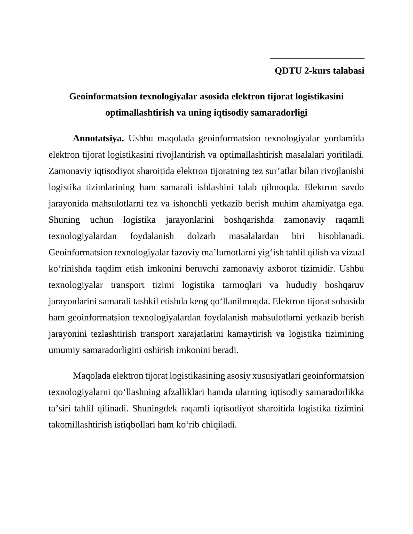 Geoinformatsion texnologiyalar asosida elektron tijorat logistikasini optimallashtirish va uning iqtisodiy samaradorligi 1