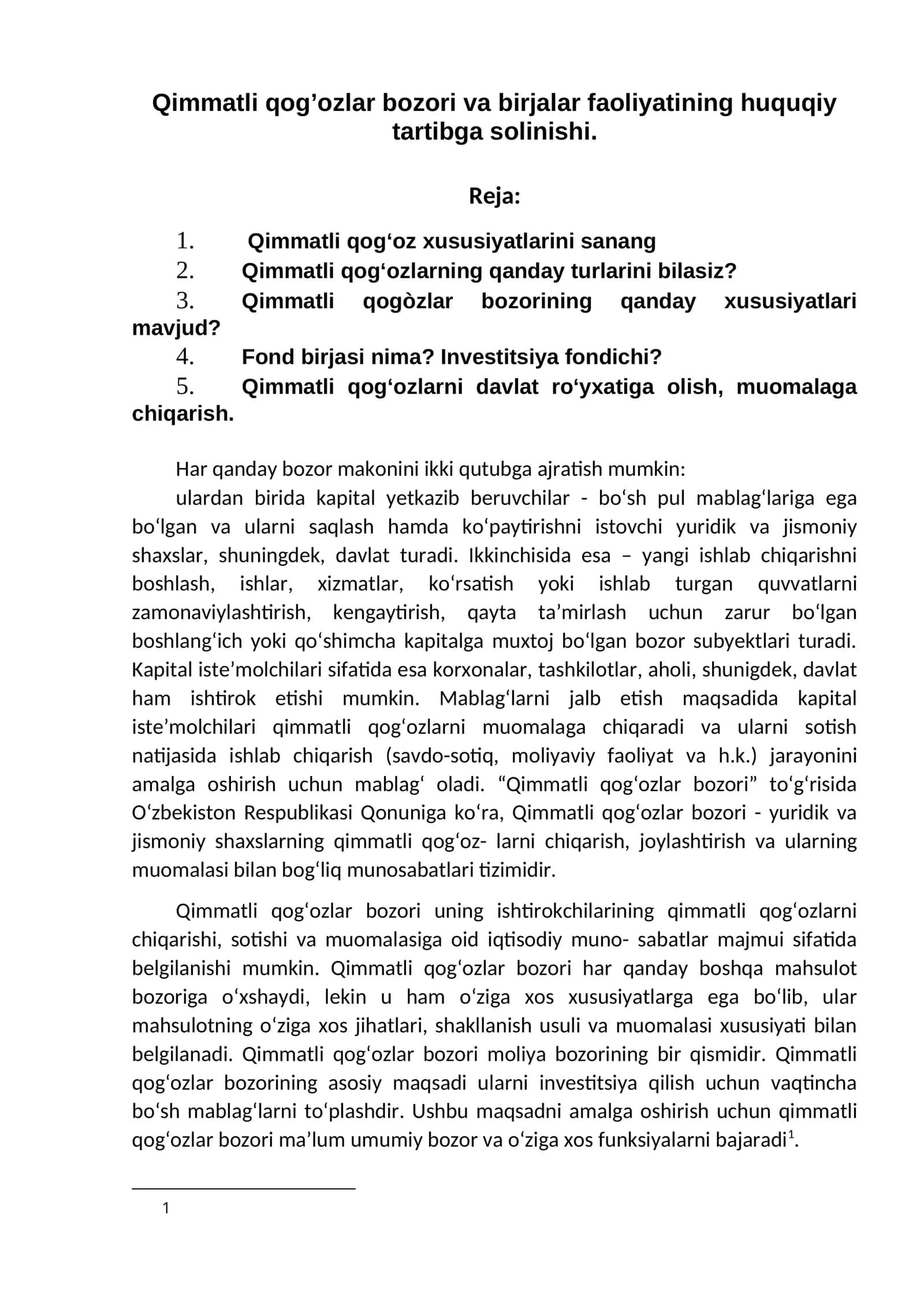 Qimmatli qog’ozlar bozori va birjalar faoliyatining huquqiy tartibga solinishi 1
