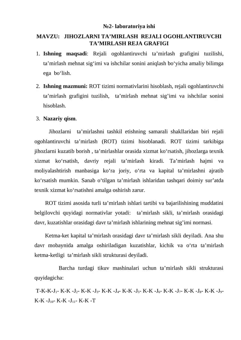 JIHOZLARNI TA’MIRLASH REJALI OGOHLANTIRUVCHI TA’MIRLASH REJA GRAFIGI 1