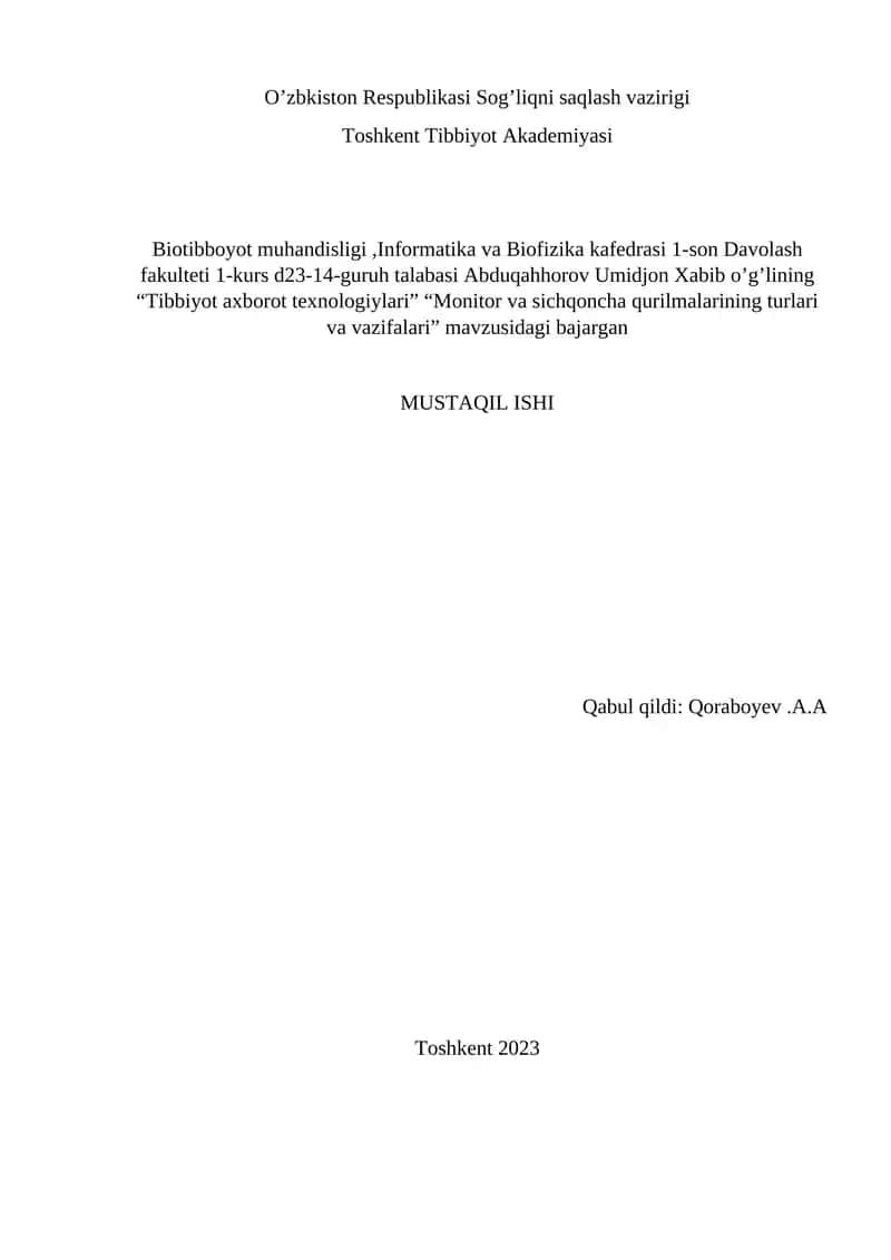 "Tibbiyot axborot texnologiylari Monitor va sichqoncha qurilmalarining turlari va vazifalari" 1