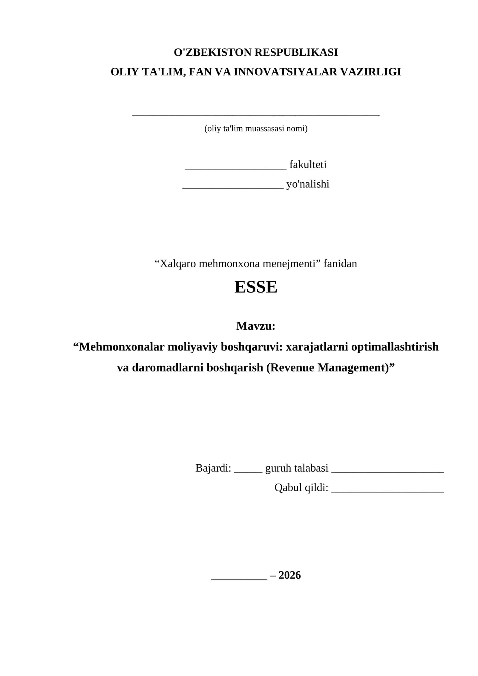 MEHMONXONALAR MOLIYAVIY BOSHQARUVI: XARAJATLARNI OPTIMALLASHTIRISH VA DAROMADLARNI BOSHQARISH (REVENUE MANAGEMENT) 1