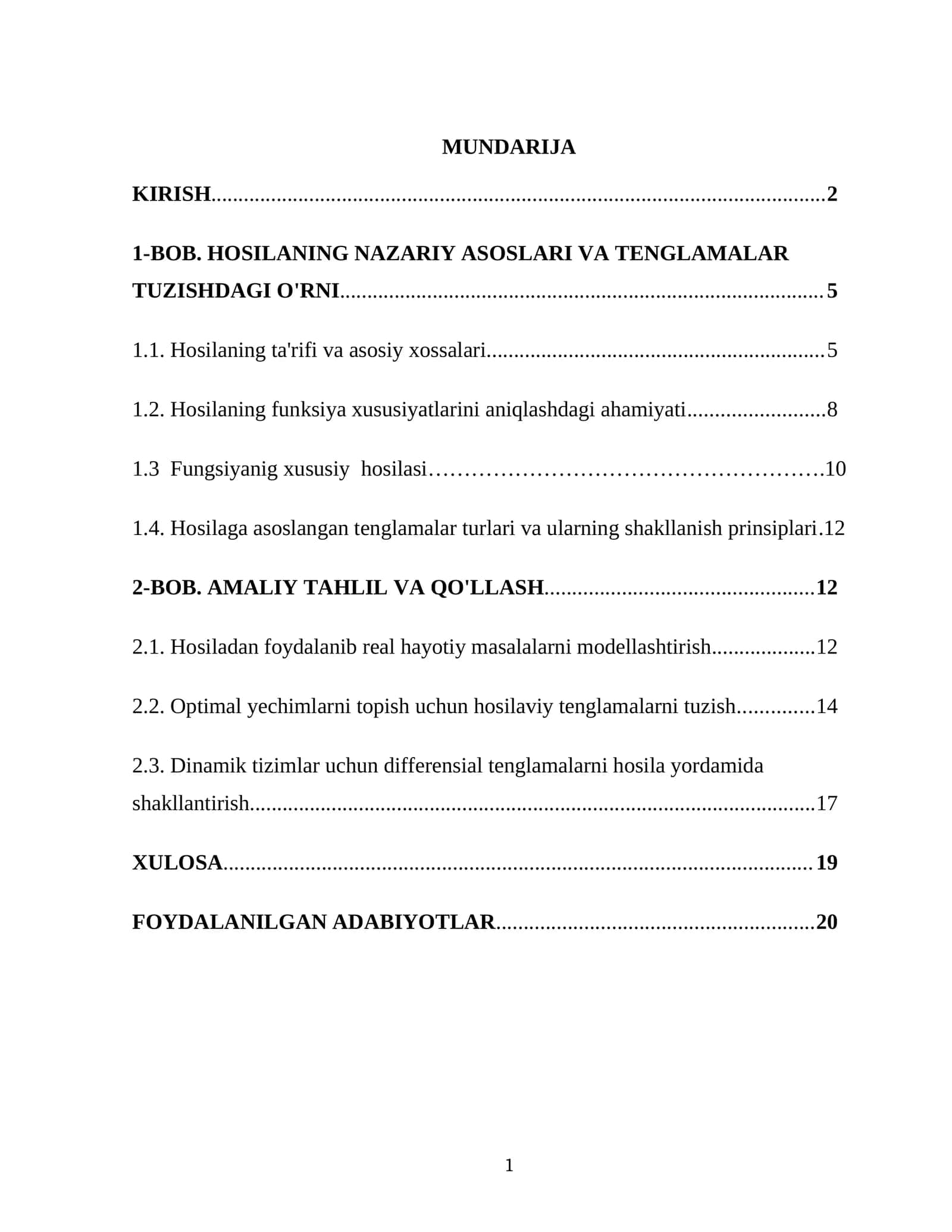 Kurs ishining dolzarbligi: Matematik tahlilning fundamental tushunchalaridan biri boʻlgan hosila, fan va texnikaning koʻplab sohalarida oʻzgarish tezligini, optimallashtirish masalalarini va dinamik tizimlarni modellashtirishda hal qiluvchi ahamiyatga ega. U fizik hodisalarni (tezlik, tezlanish), iqtisodiy jarayonlarni (marginal xarajatlar, daromadlar), muhandislik loyihalarini (konstruksiyalarning mustahkam 1