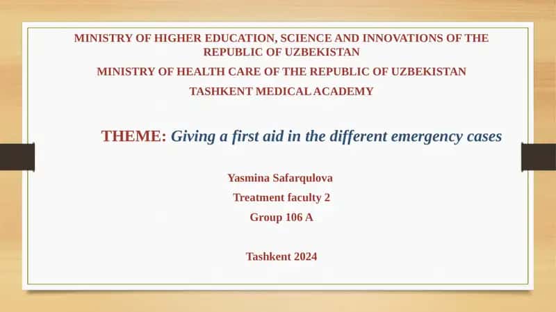 Giving a first aid in the different emergency cases 1