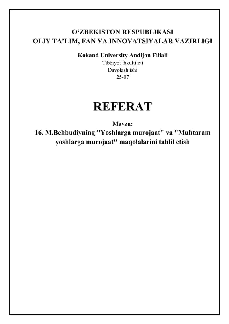 M.Behbudiyning "Yoshlarga murojaat" va "Muhtaram yoshlarga murojaat" maqolalarini tahlil etish 1