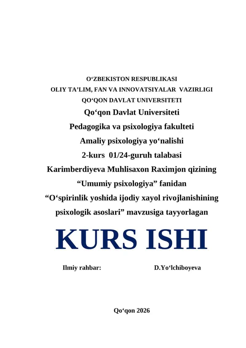 Umumiy psixologiya, "'Oʻspirinlik yoshida ijodiy xayol rivojlanishining psixologik asoslari" mavzusi 1