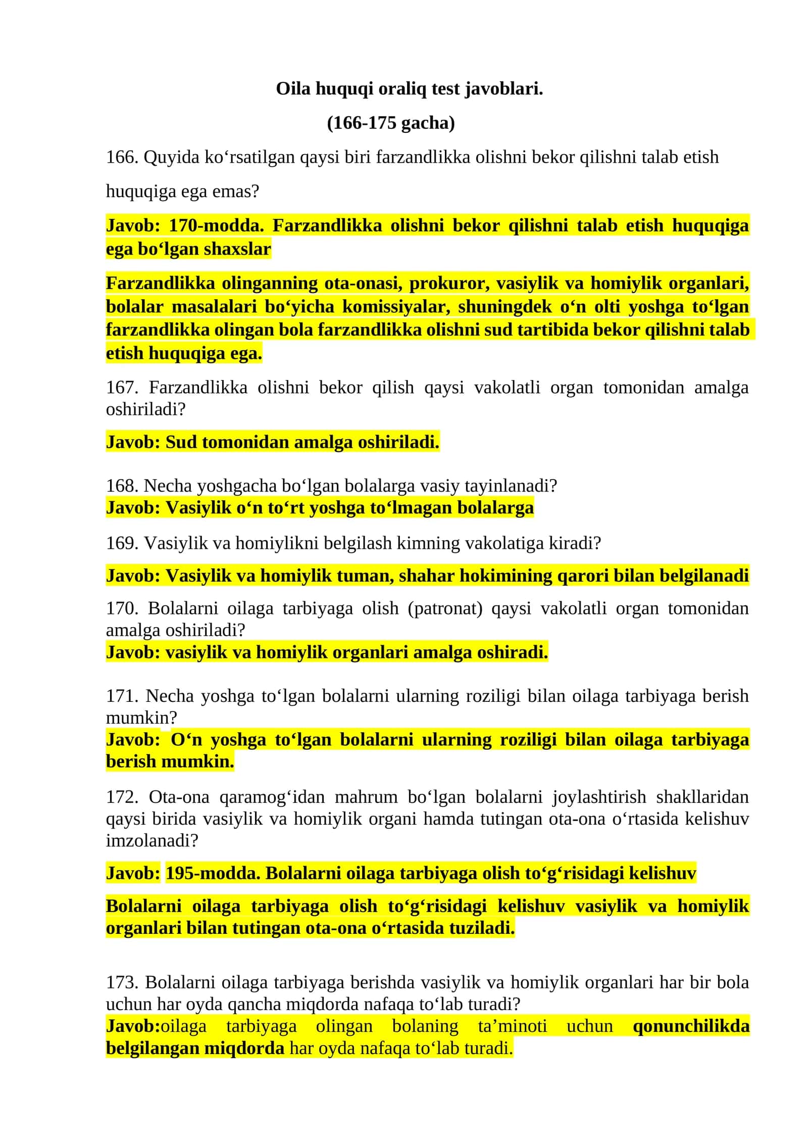 Oila huquqi oraliq test javoblari 1