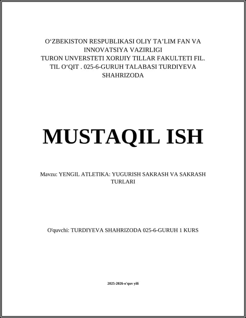 YENGIL ATLETIKA: YUGURISH SAKRASH VA SAKRASH TURLARI 1