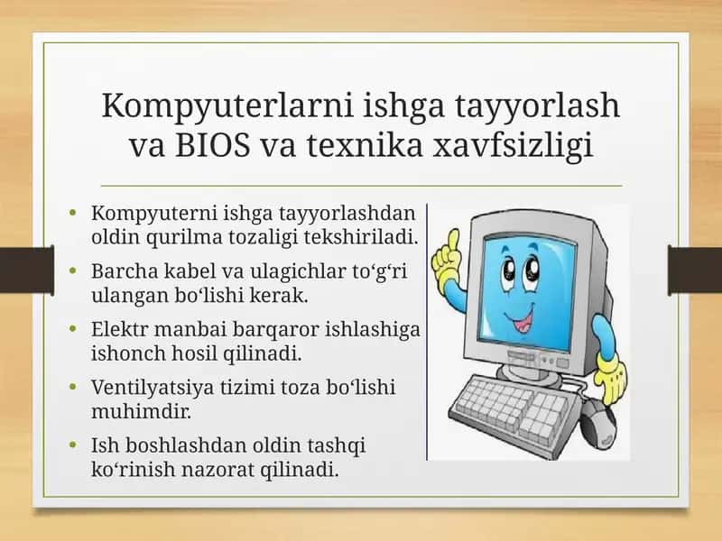 Kompyuterlarni ishga tayyorlash va BIOS va texnika xavfsizligi. 1
