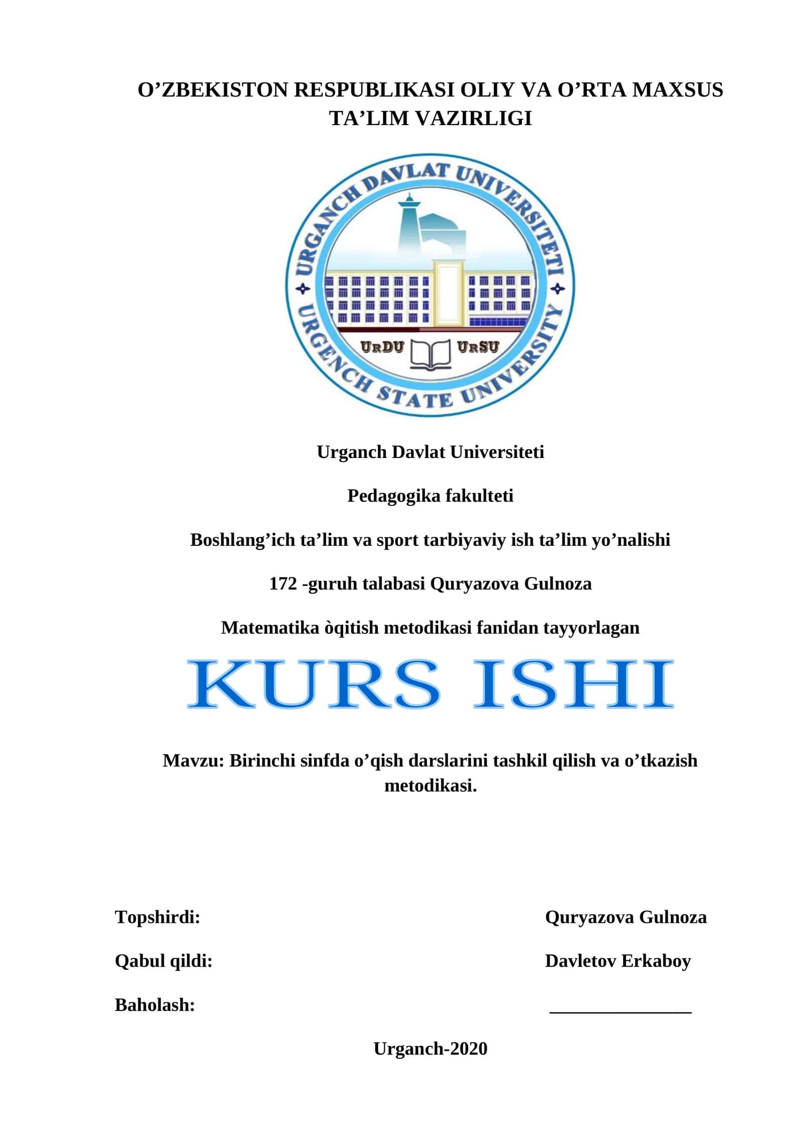 Birinchi sinfda o’qish darslarini tashkil qilish va o’tkazish metodikasi 1