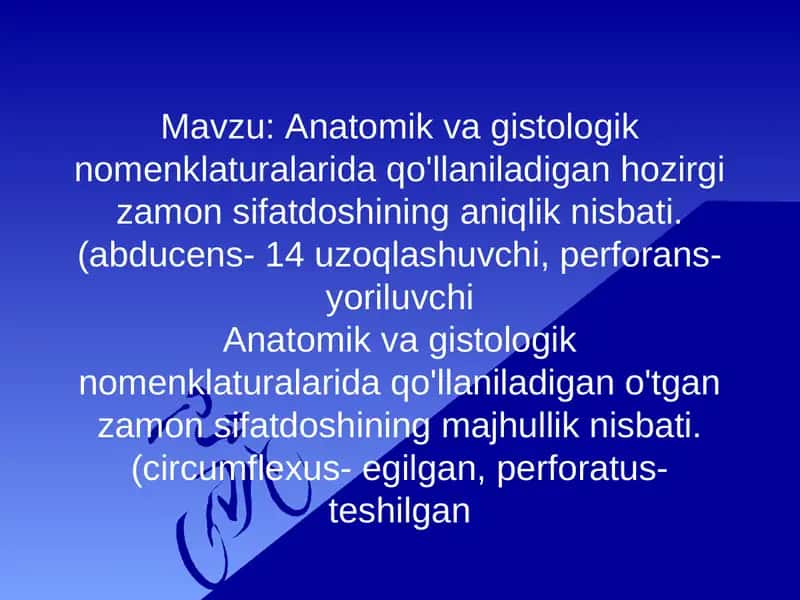 Anatomik va gistologik nomenklaturalarida qo'llaniladigan hozirgi zamon sifatdoshining aniqlik nisbati 1