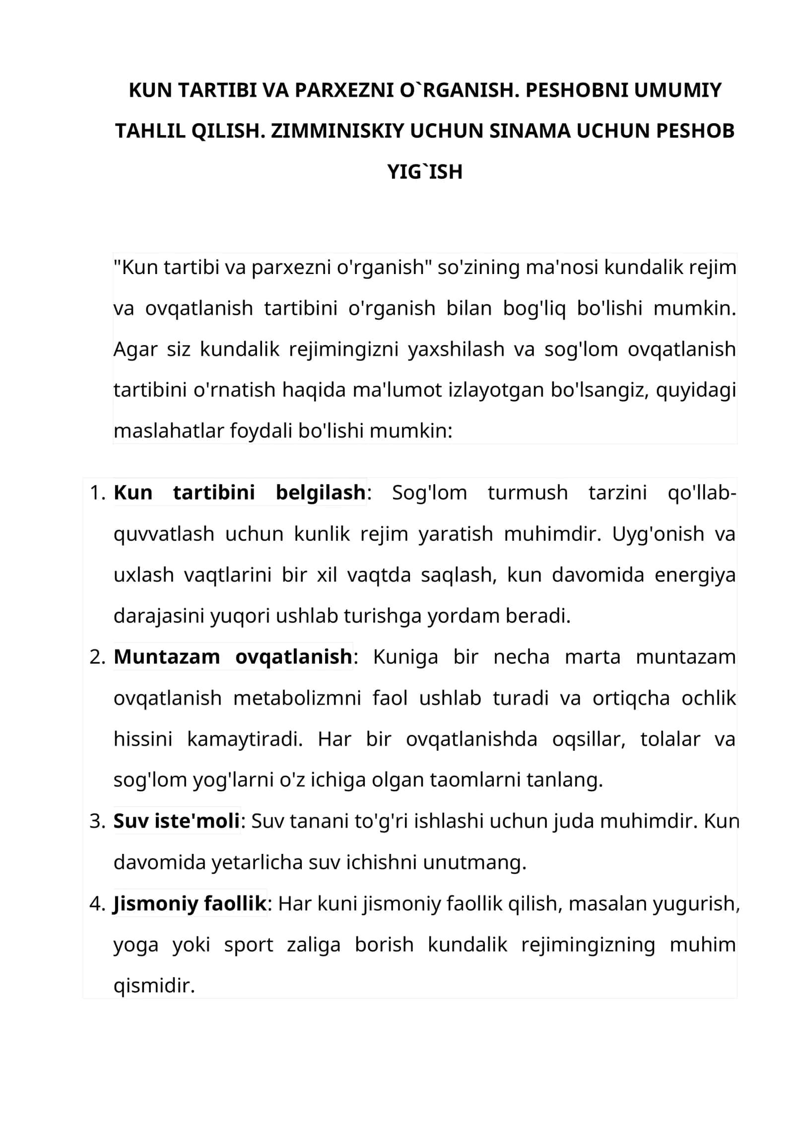 Kun tartibi va parxezni o`rganish 1