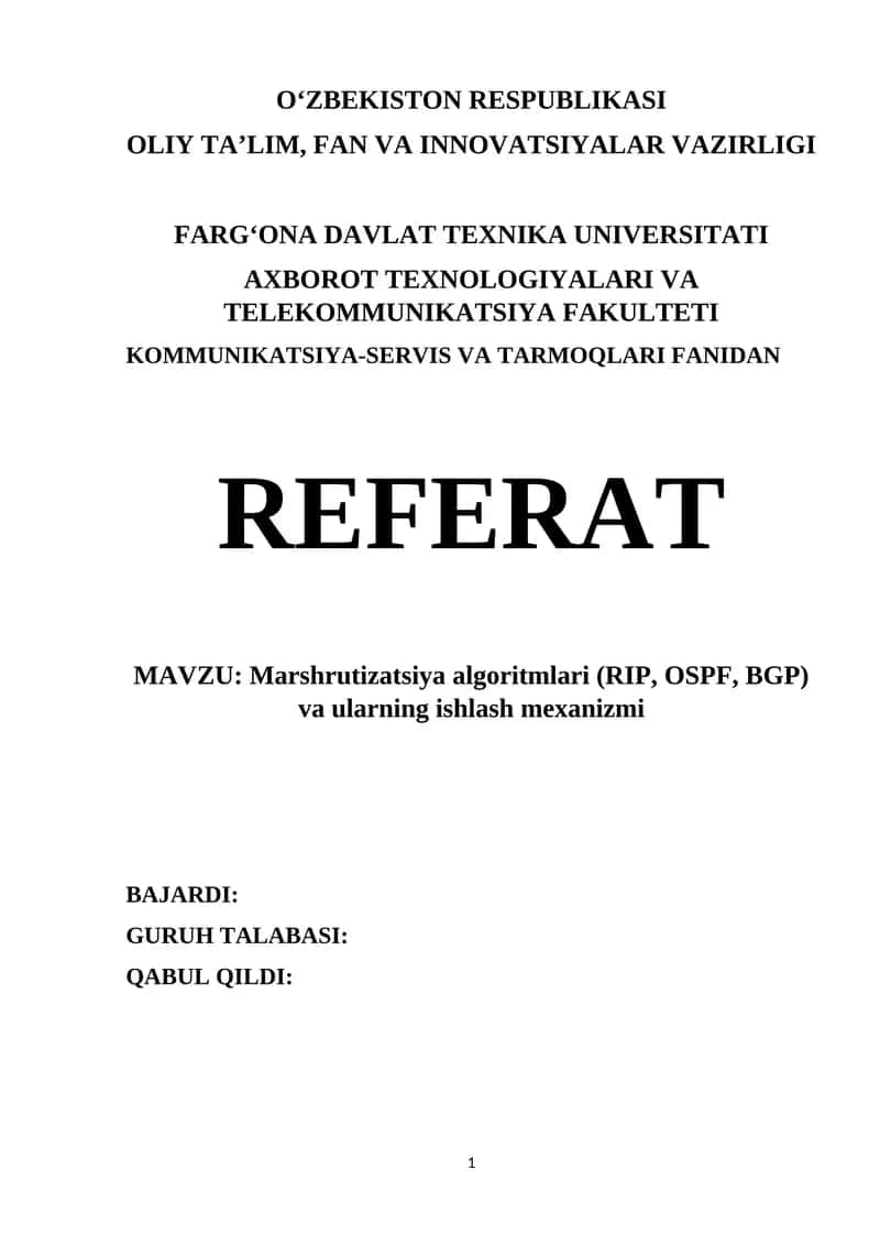 Marshrutizatsiya algoritmlari (RIP, OSPF, BGP) va ularning ishlash mexanizmi 1