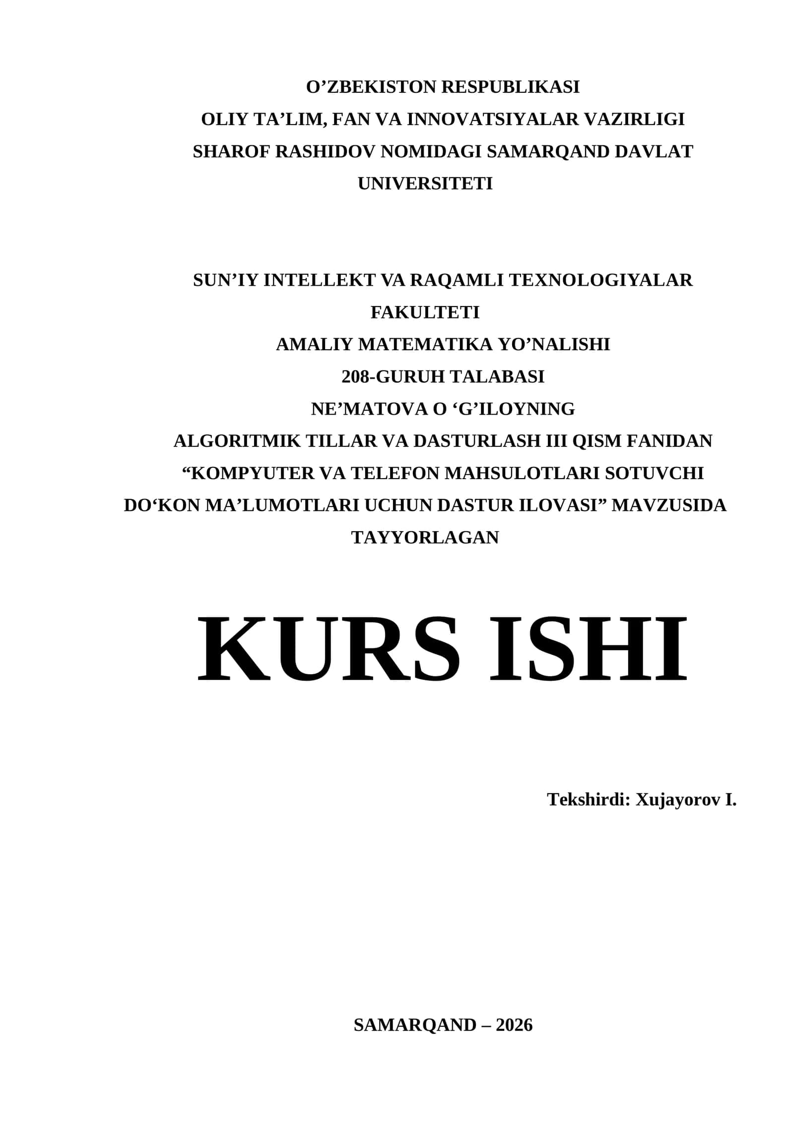 Visual Studio muhitida dasturlash | Kurs ishi - KOMPYUTER VA TELEFON MAHSULOTLARI SOTUVCHI DO‘KON MA’LUMOTLARI UCHUN DASTUR ILOVASI 1