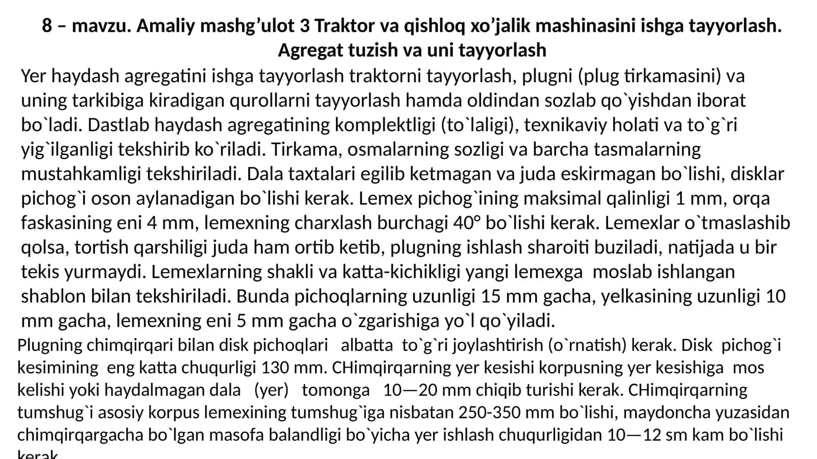Traktor va qishloq xo’jalik mashinasini ishga tayyorlash. Agregat tuzish va uni tayyorlash 1