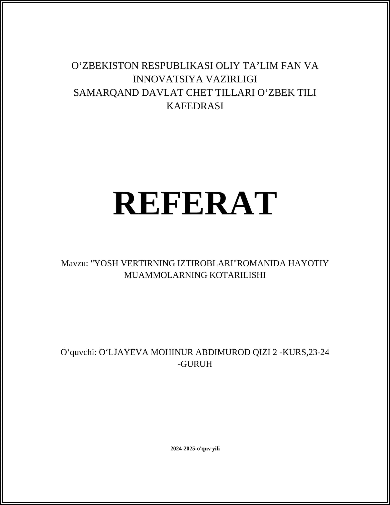 "YOSH VERTIRNING IZTIROBLARI"ROMANIDA HAYOTIY MUAMMOLARNING KOTARILISHI 1