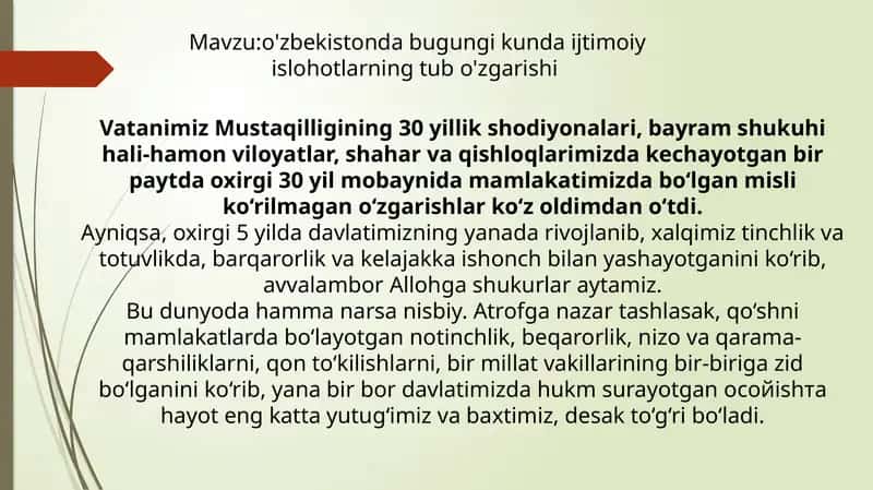 o'zbekistonda bugungi kunda ijtimoiy islohotlarning tub o'zgarishi 1