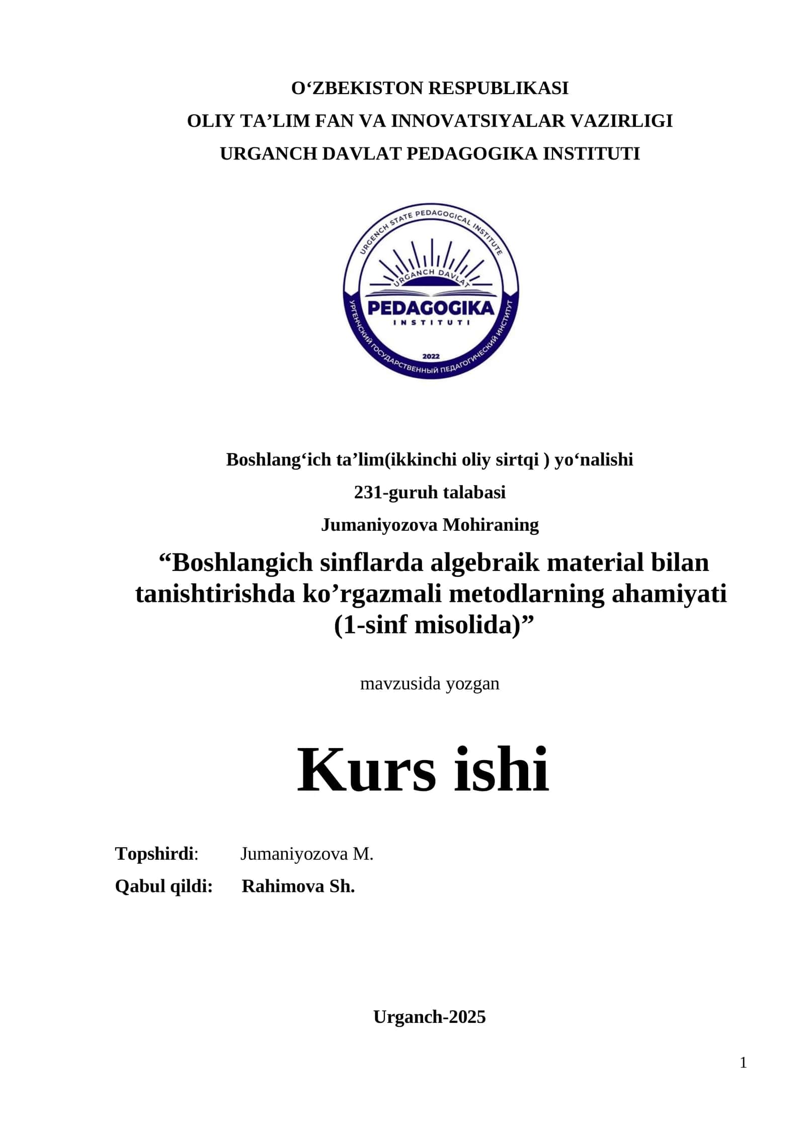Boshlangich sinflarda algebraik material bilan tanishtirishda ko’rgazmali metodlarning ahamiyati (1-sinf misolida) 1
