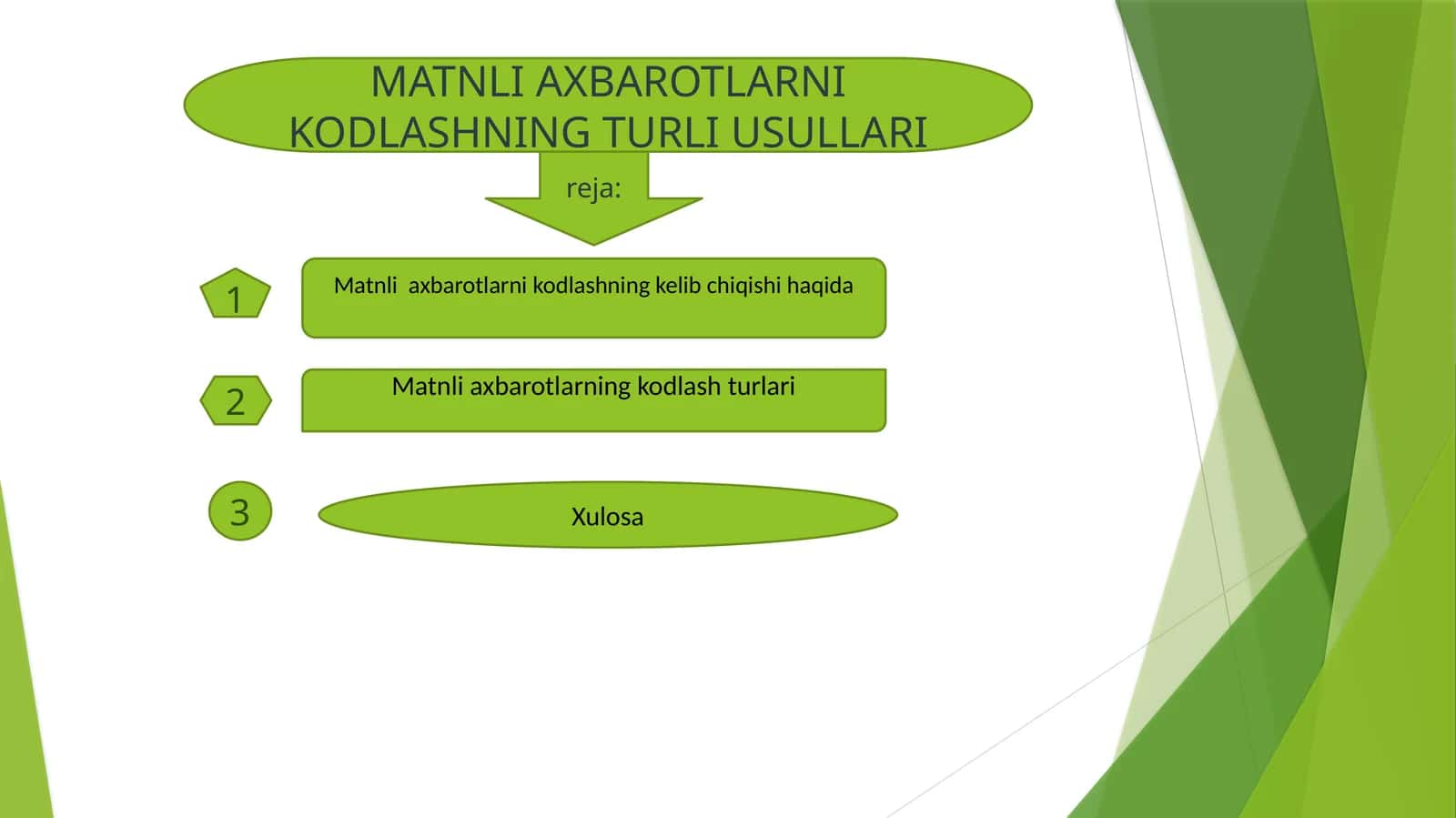 MATNLI AXBAROTLARNI KODLASHNING TURLI USULLARI 1